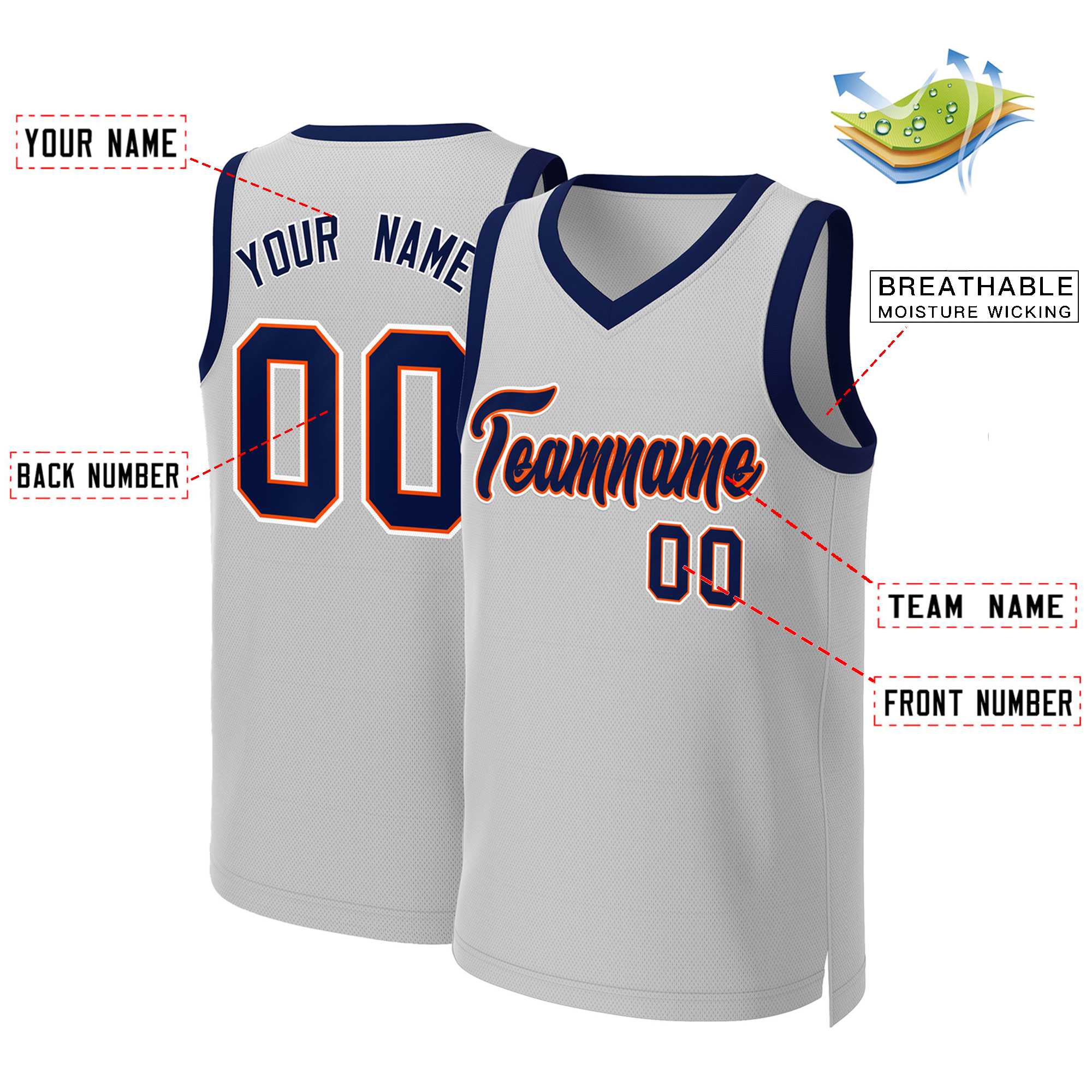 Custom Gray Navy-Orange Classic Tops Basketball Jersey