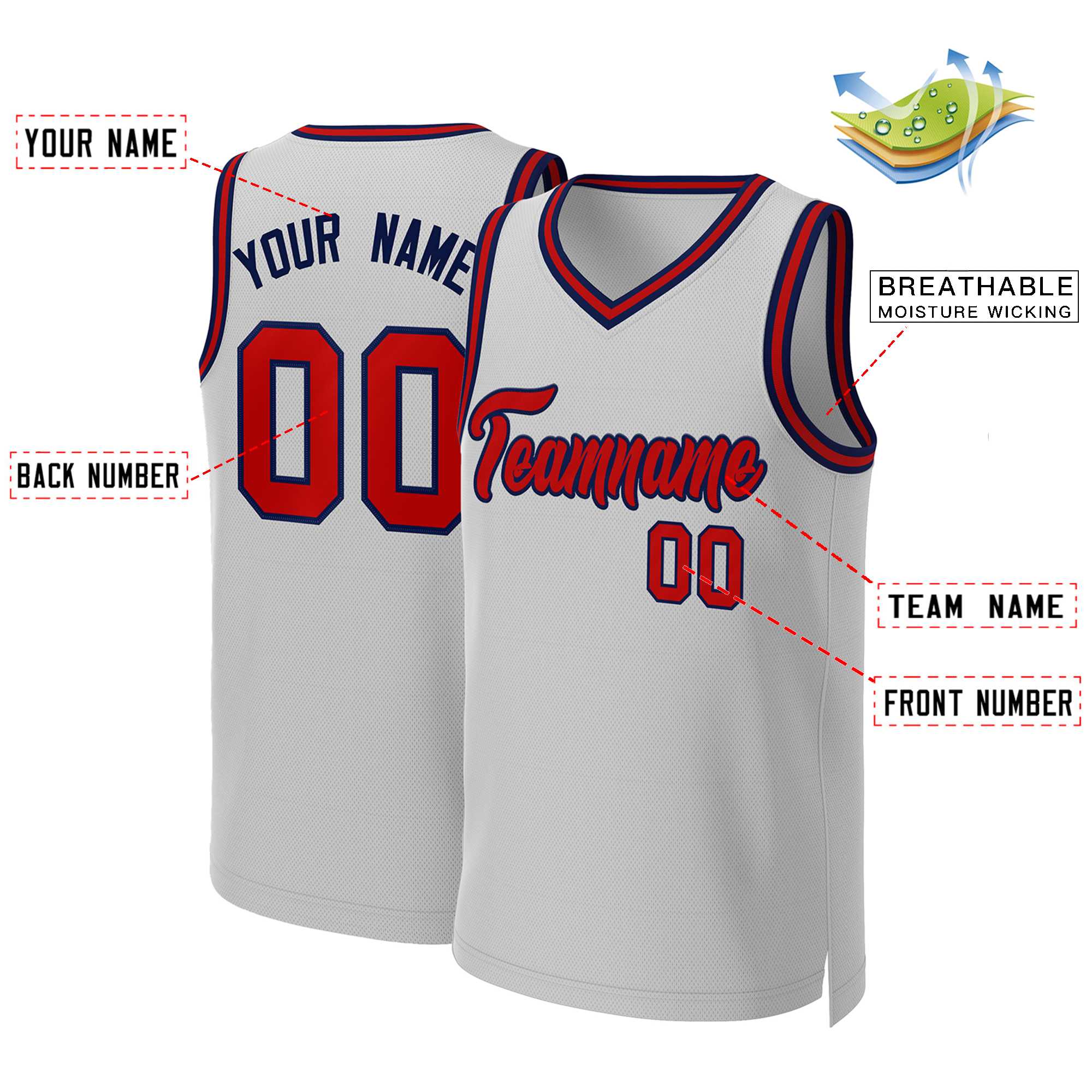 Custom Gray Red-Navy Classic Tops Basketball Jersey