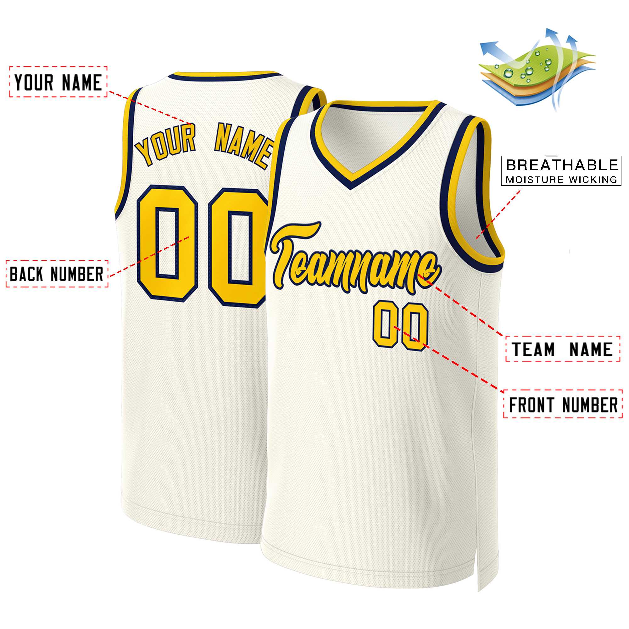 Maillot de basket-ball classique personnalisé kaki jaune-marine