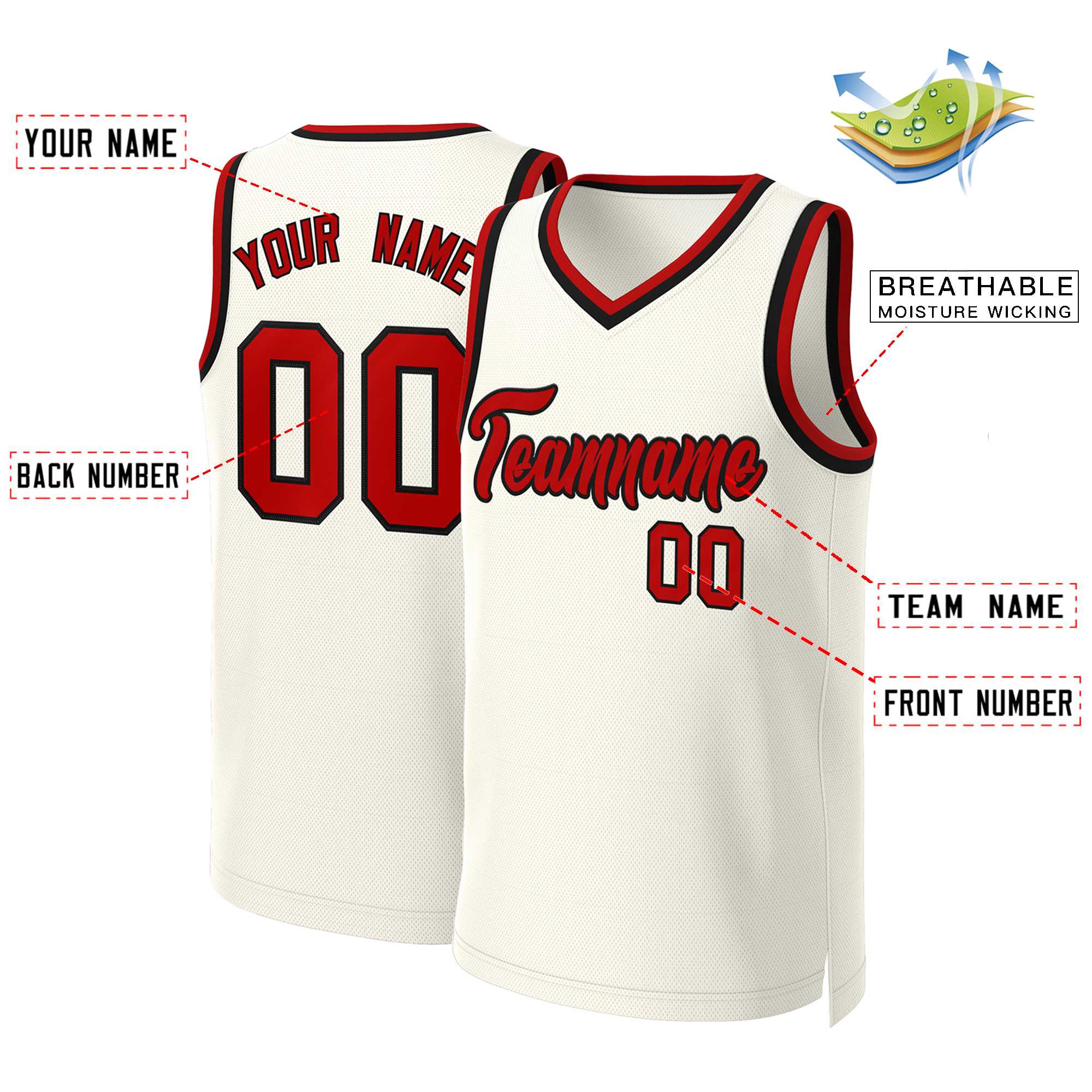 Maillot de basket-ball classique personnalisé kaki rouge-noir