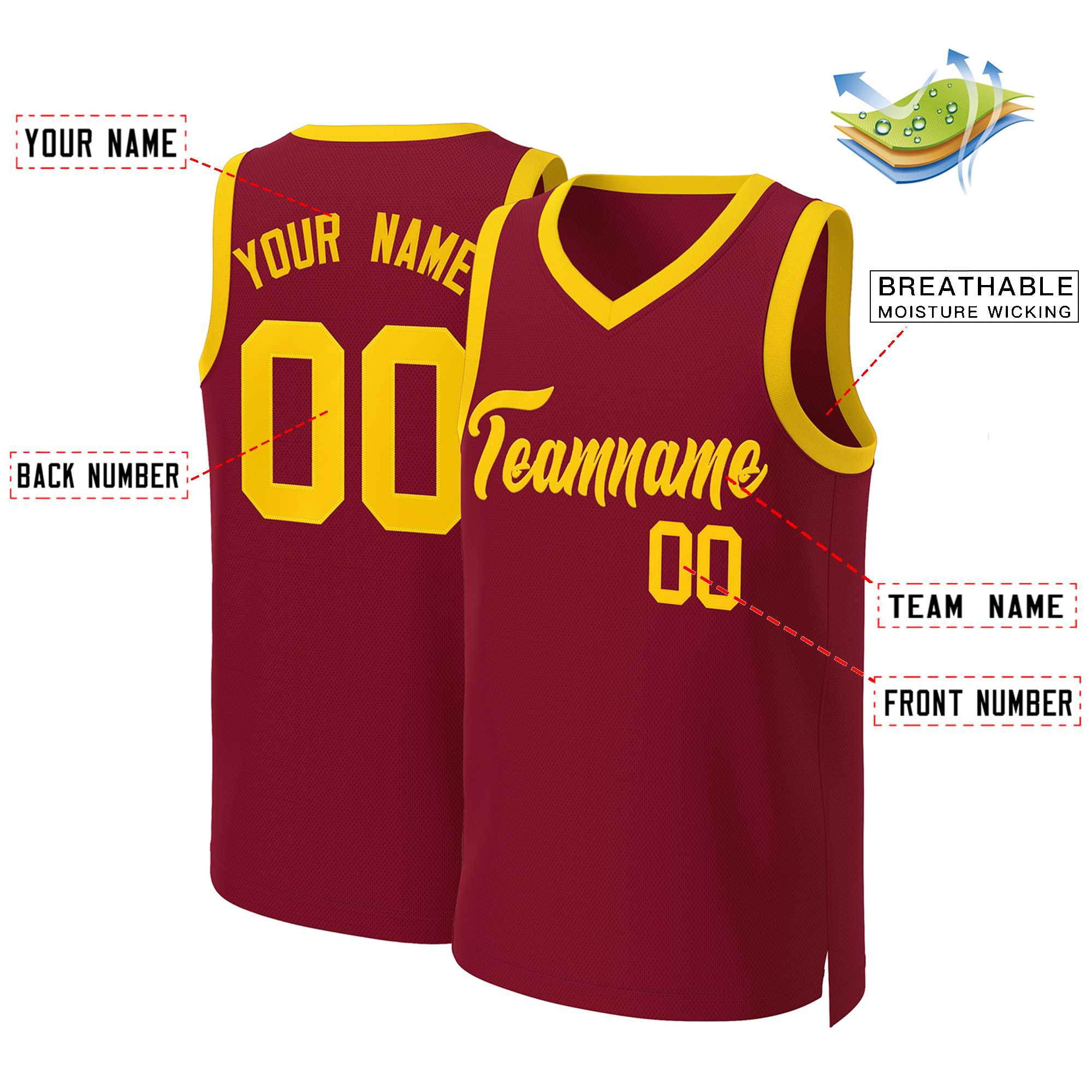 Custom Maroon Yellow Classic Tops Basketball Jersey