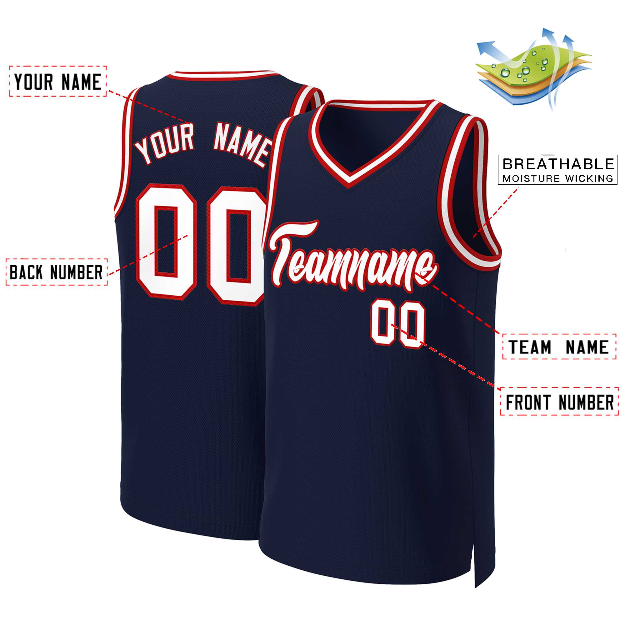 Custom Navy White-Red Classic Tops Basketball Jersey