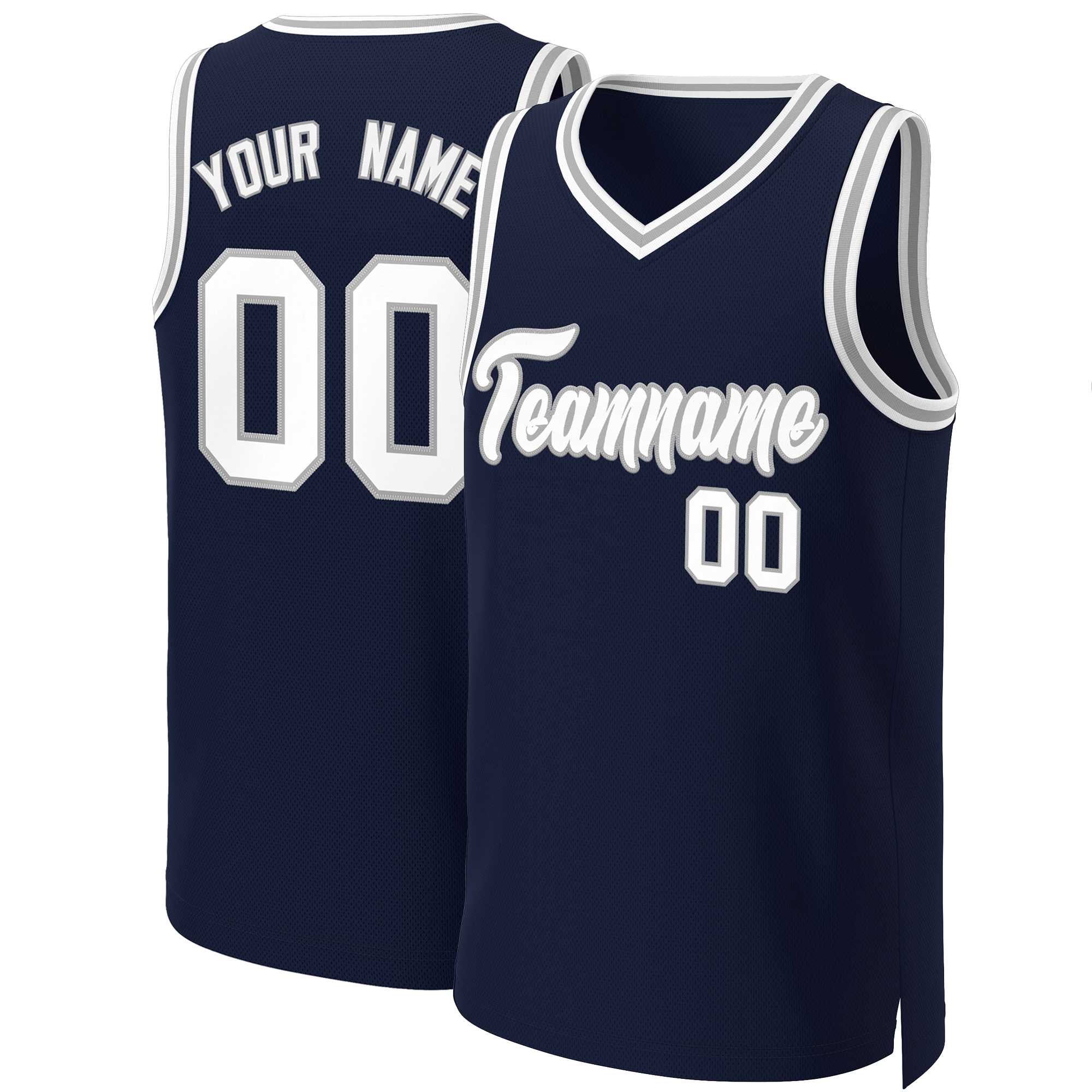 Maillot de basket-ball classique personnalisé, blanc-gris, marine, personnalisé