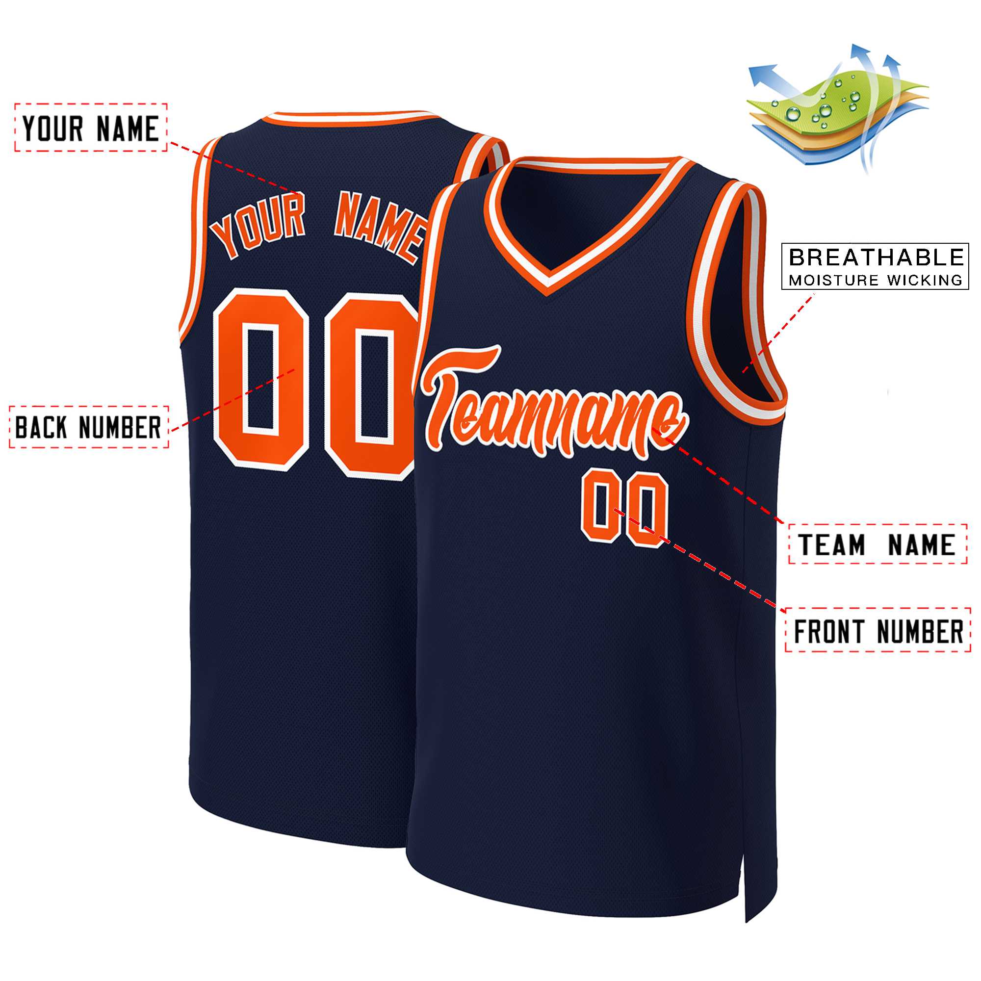 Maillot de basket-ball classique personnalisé, bleu marine, Orange-blanc