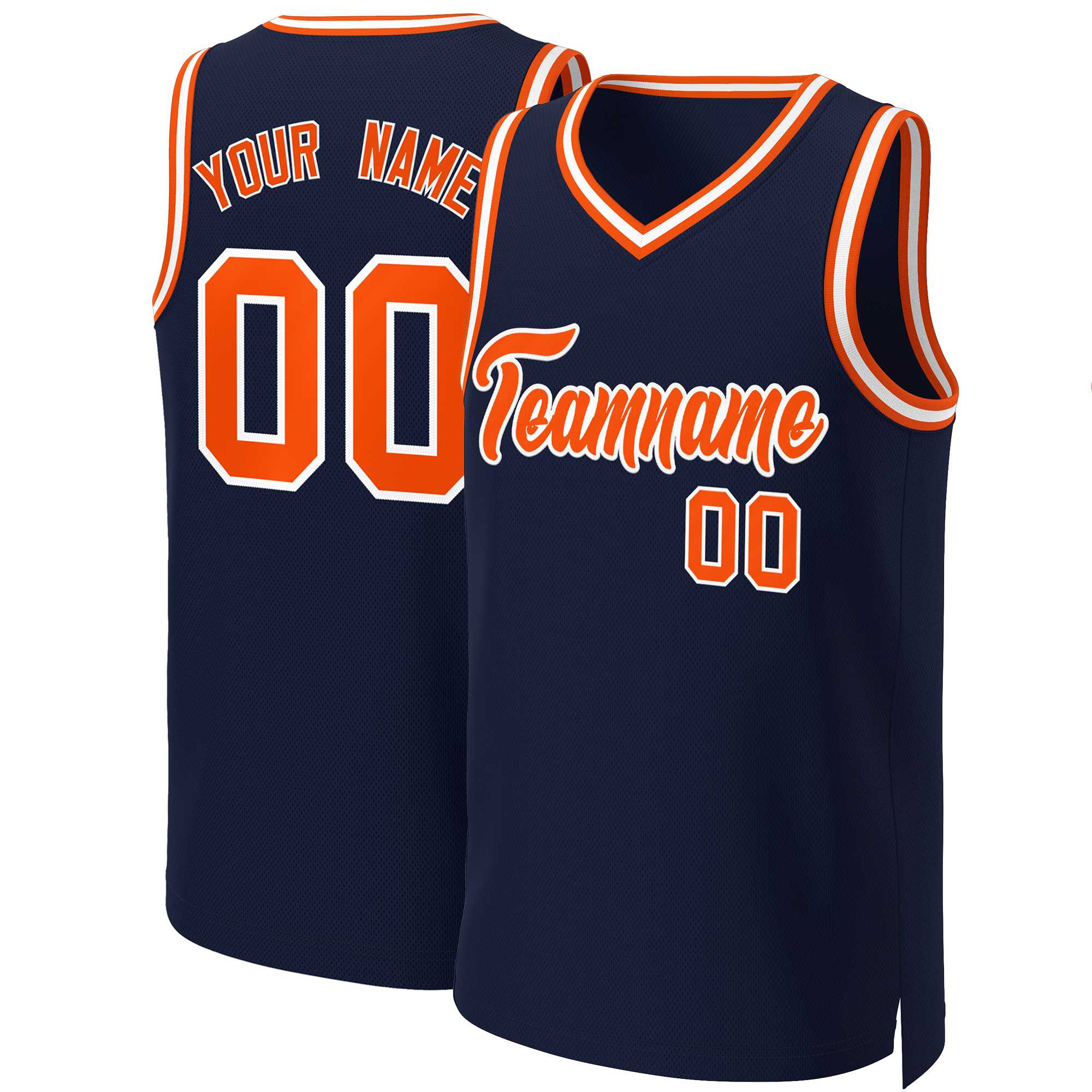 Maillot de basket-ball classique personnalisé, bleu marine, Orange-blanc