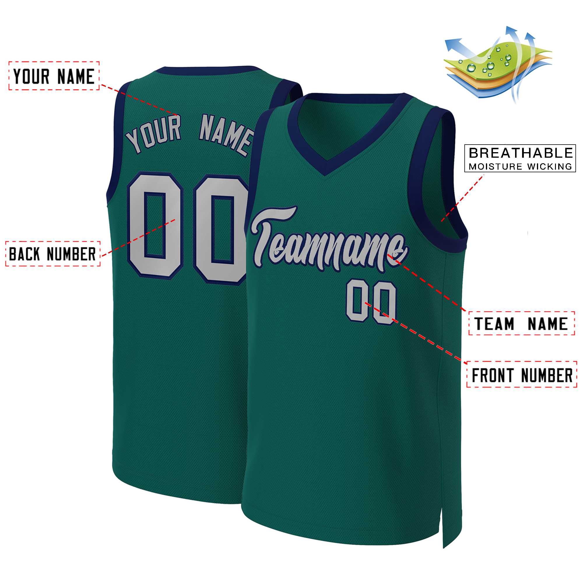 Maillot de basket-ball classique personnalisé Aqua gris-marine