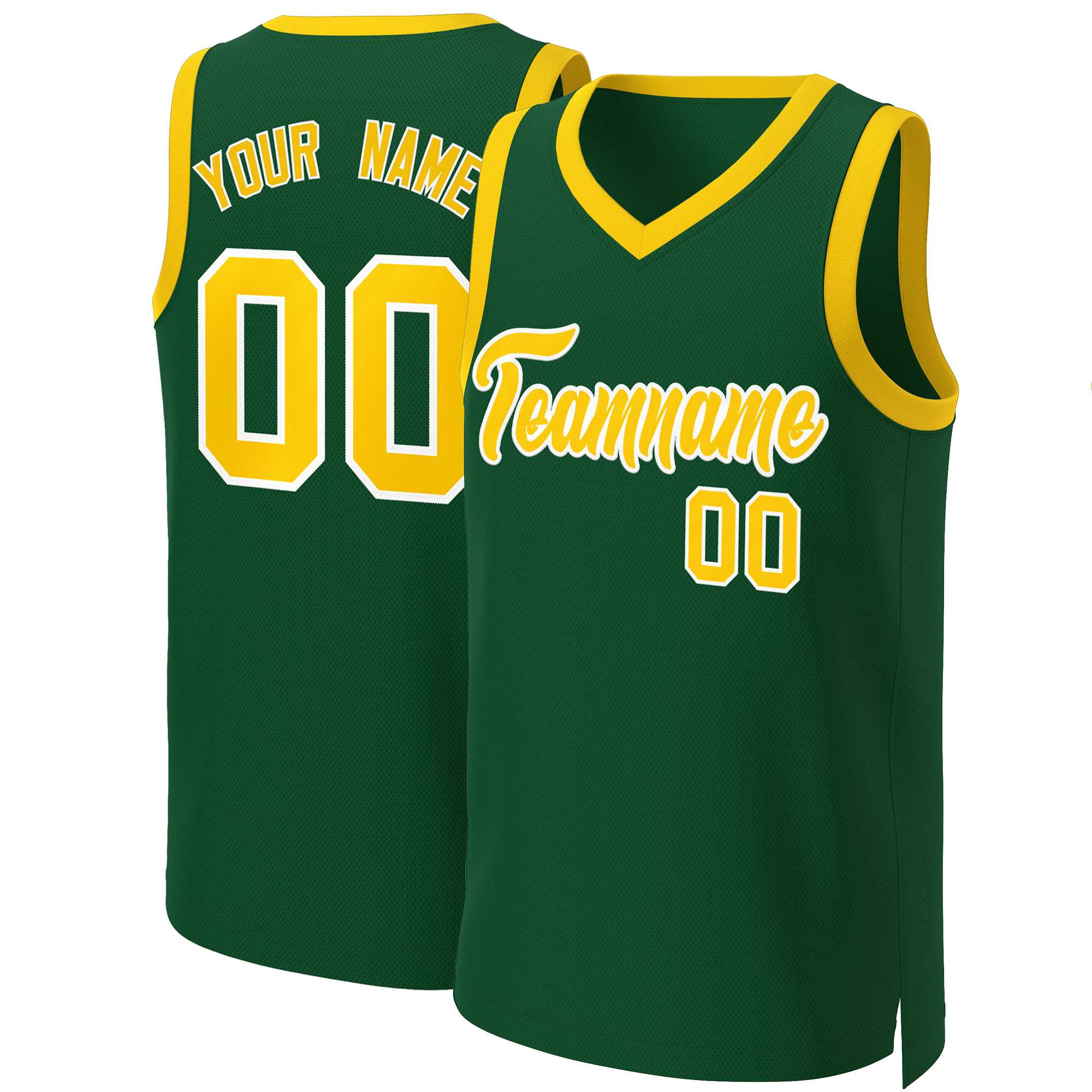 Maillot de basket-ball classique personnalisé vert or-blanc