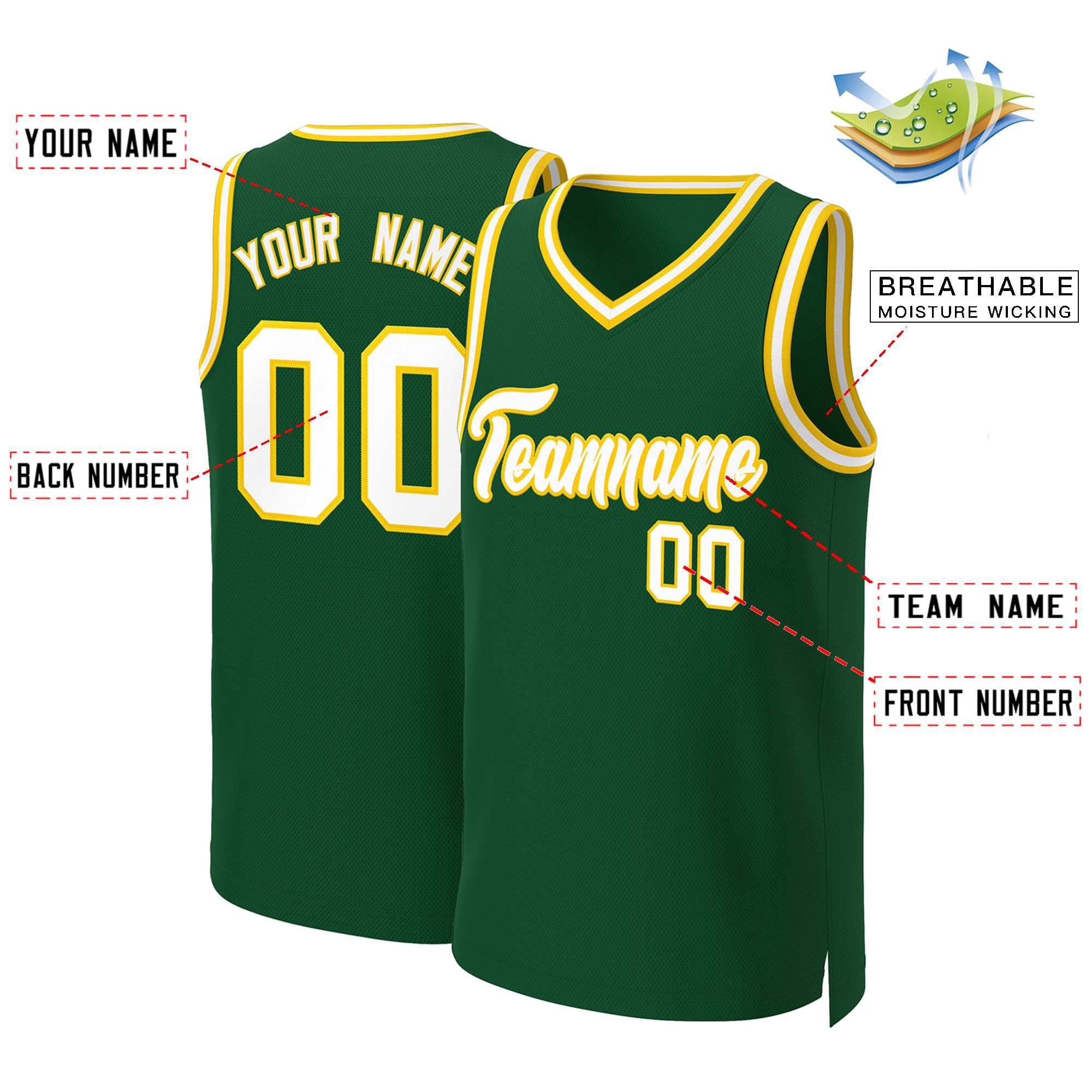 Maillot de basket-ball classique personnalisé vert blanc-or