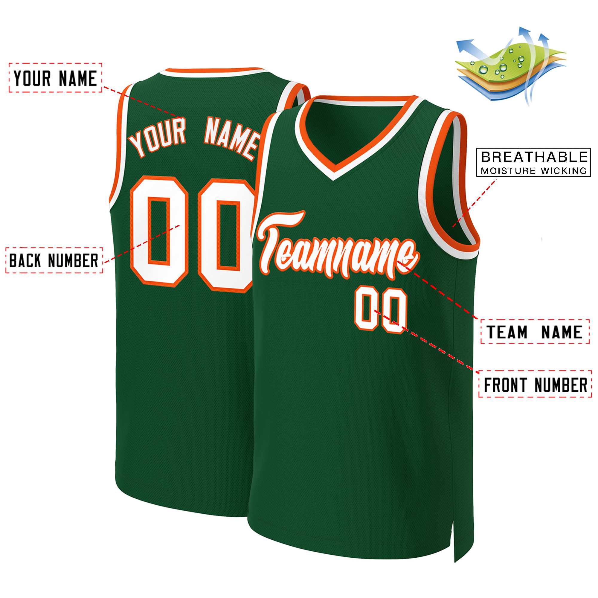 Maillot de basket-ball classique personnalisé vert blanc-Orange