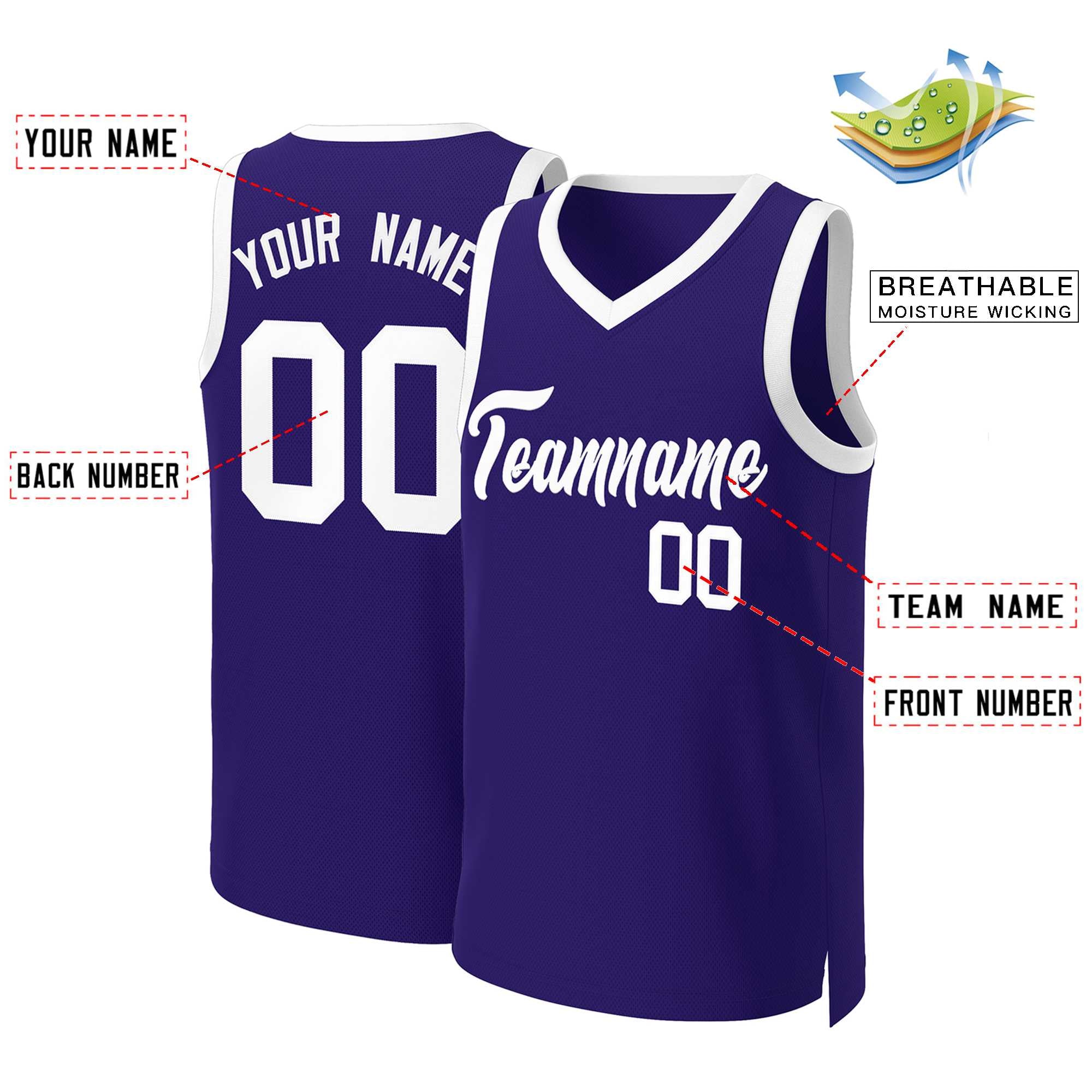 Maillot de basket-ball classique violet et blanc personnalisé