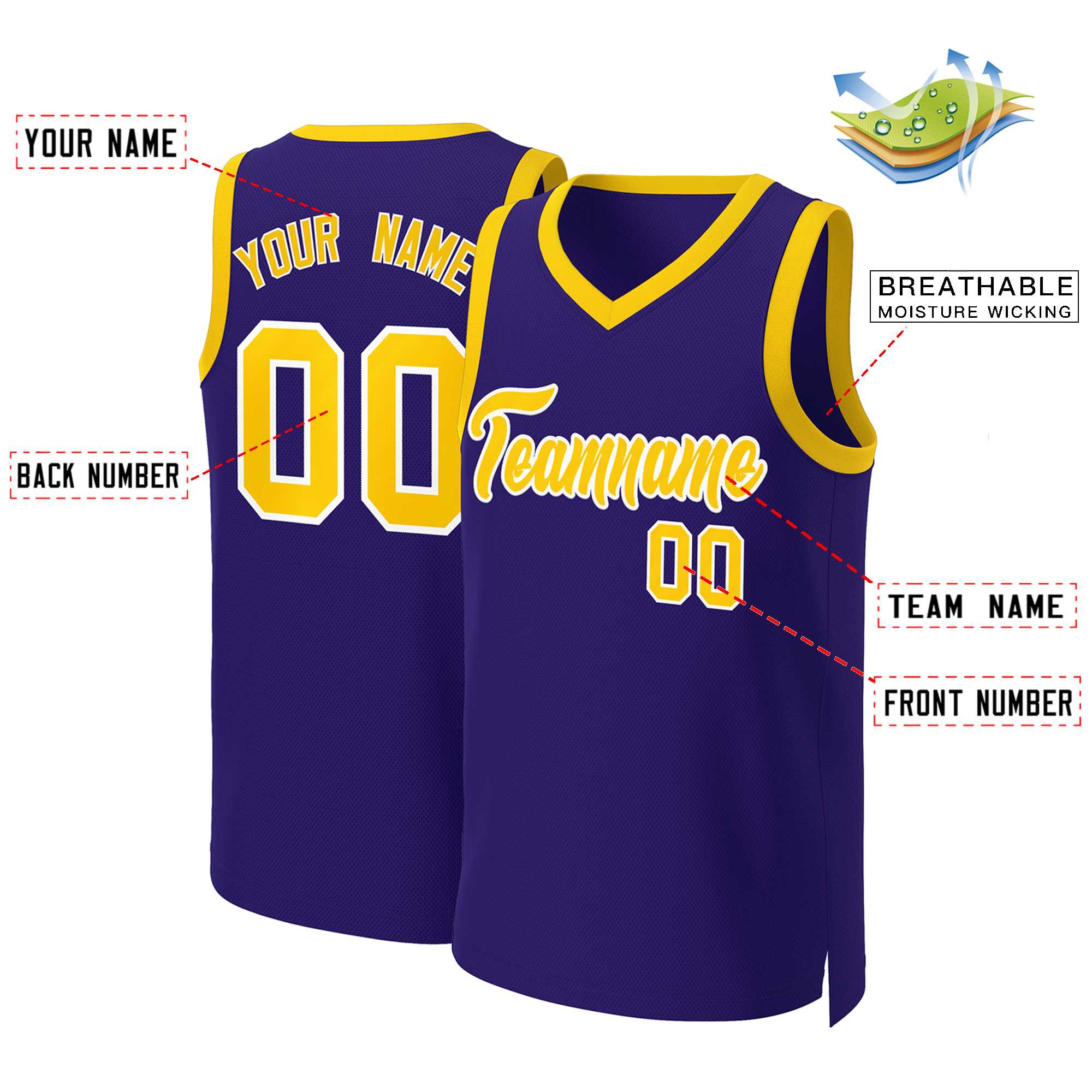 Maillot de basket-ball classique personnalisé violet or-blanc