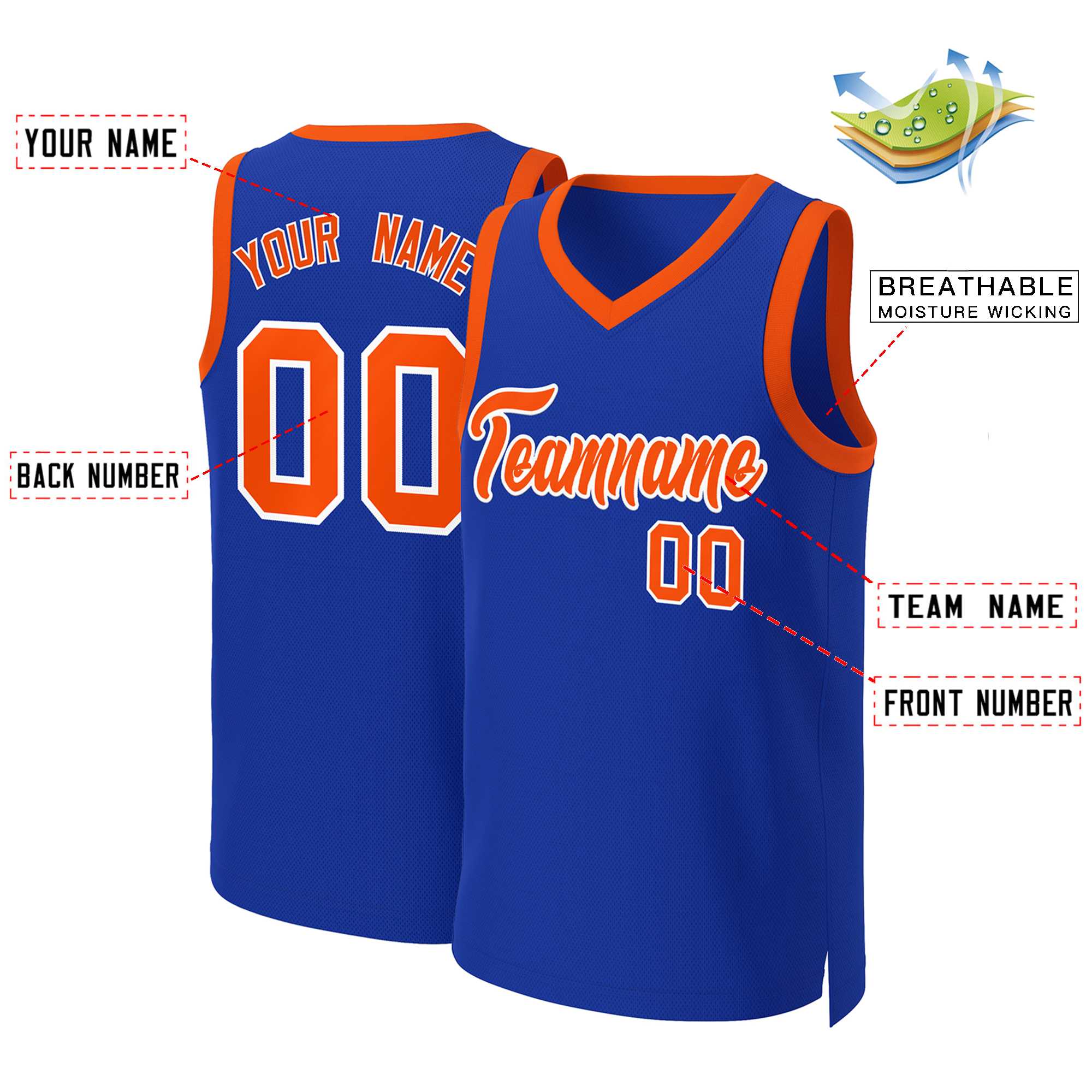 Maillot de basket-ball classique personnalisé Royal Orange-blanc