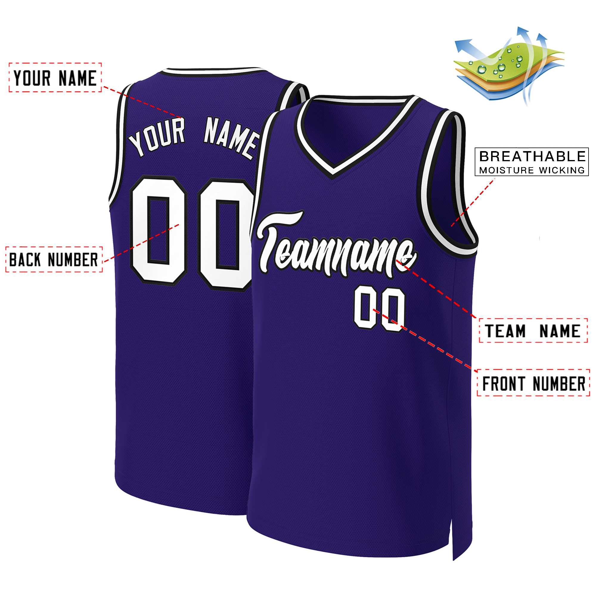 Maillot de basket-ball classique personnalisé violet blanc-noir