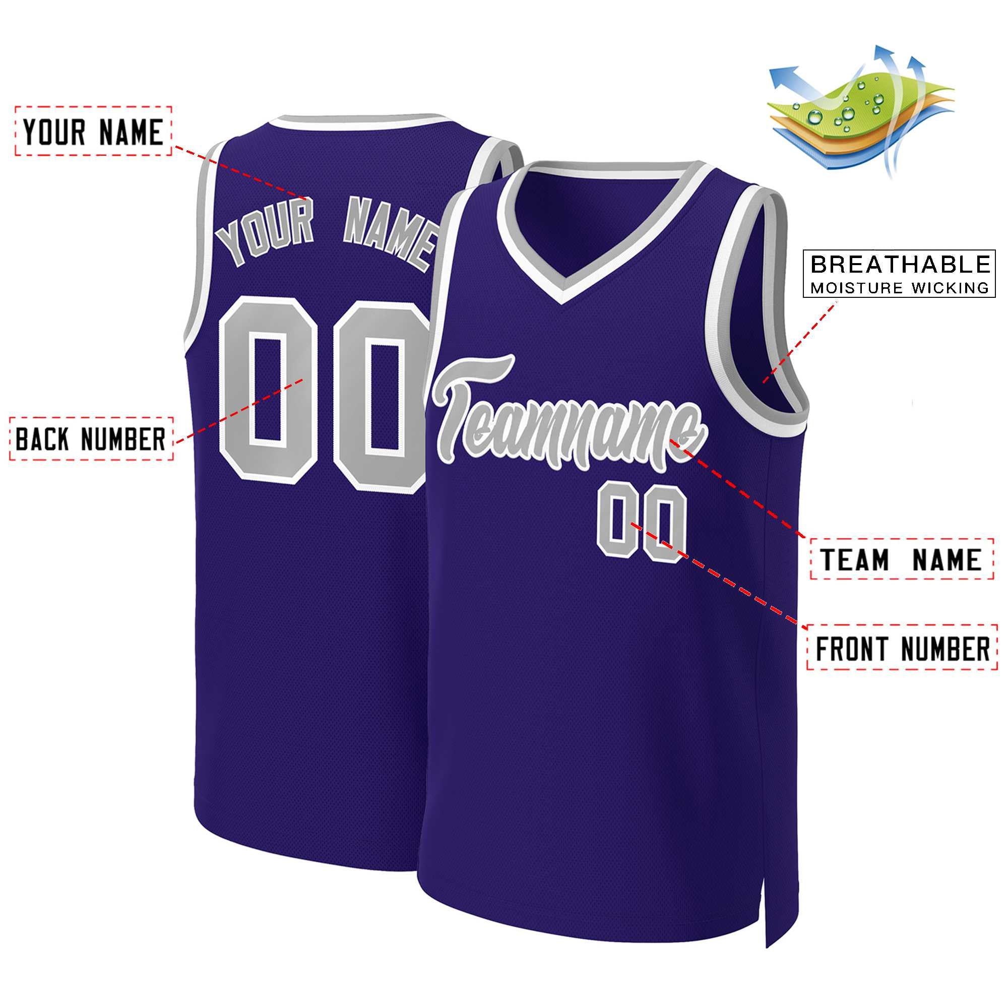 Maillot de basket-ball classique personnalisé violet gris-blanc