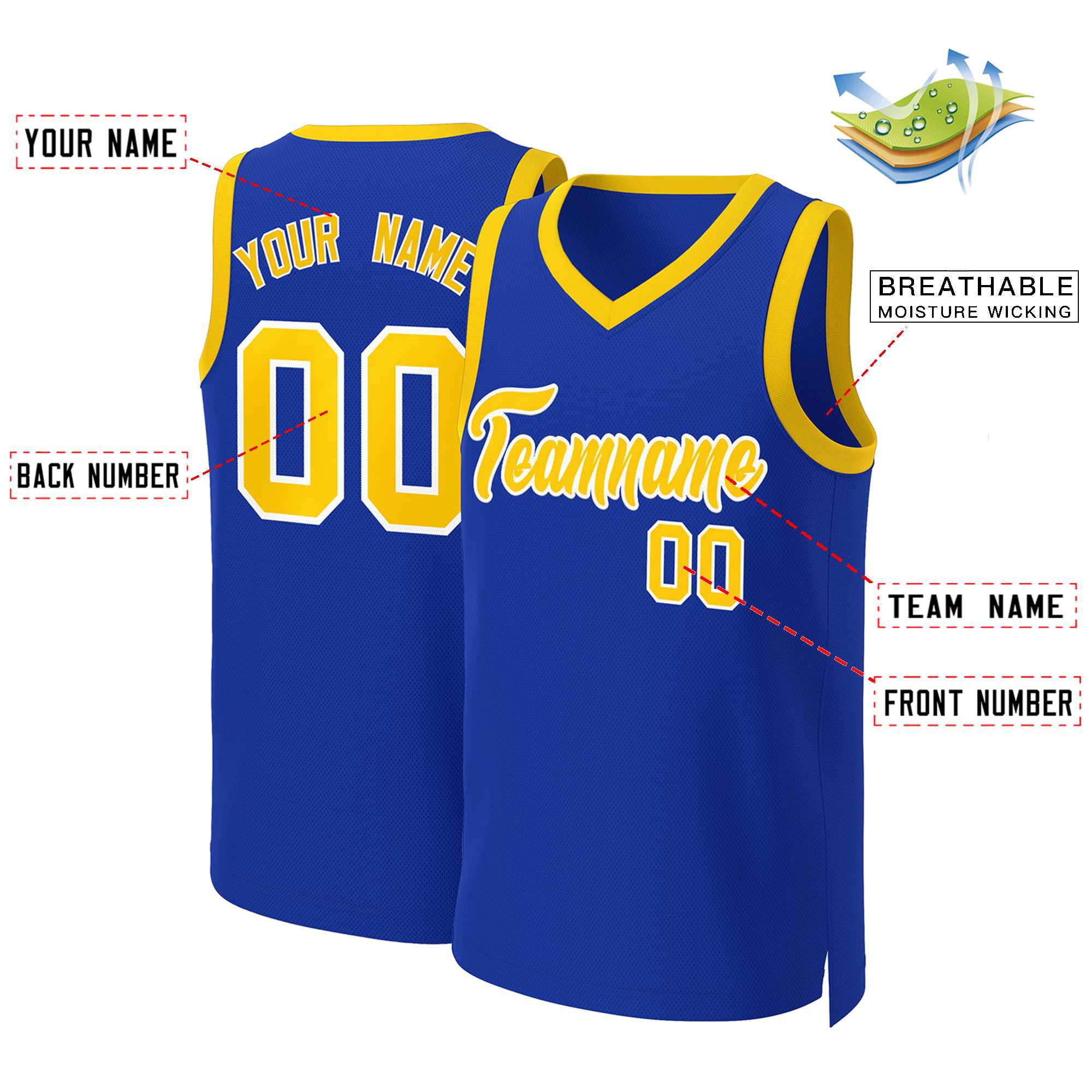 Maillot de basket-ball classique personnalisé Royal jaune-blanc