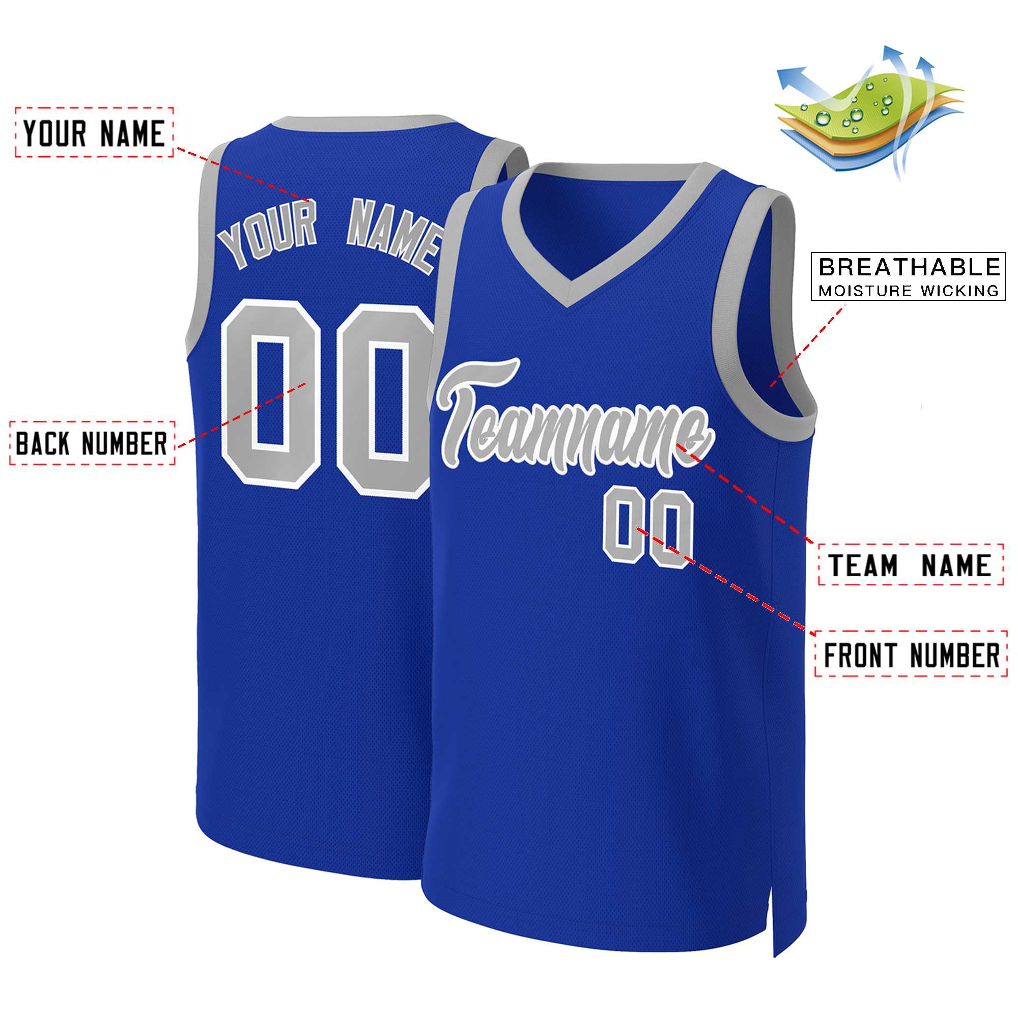 Maillot de basket-ball classique personnalisé Royal gris-blanc