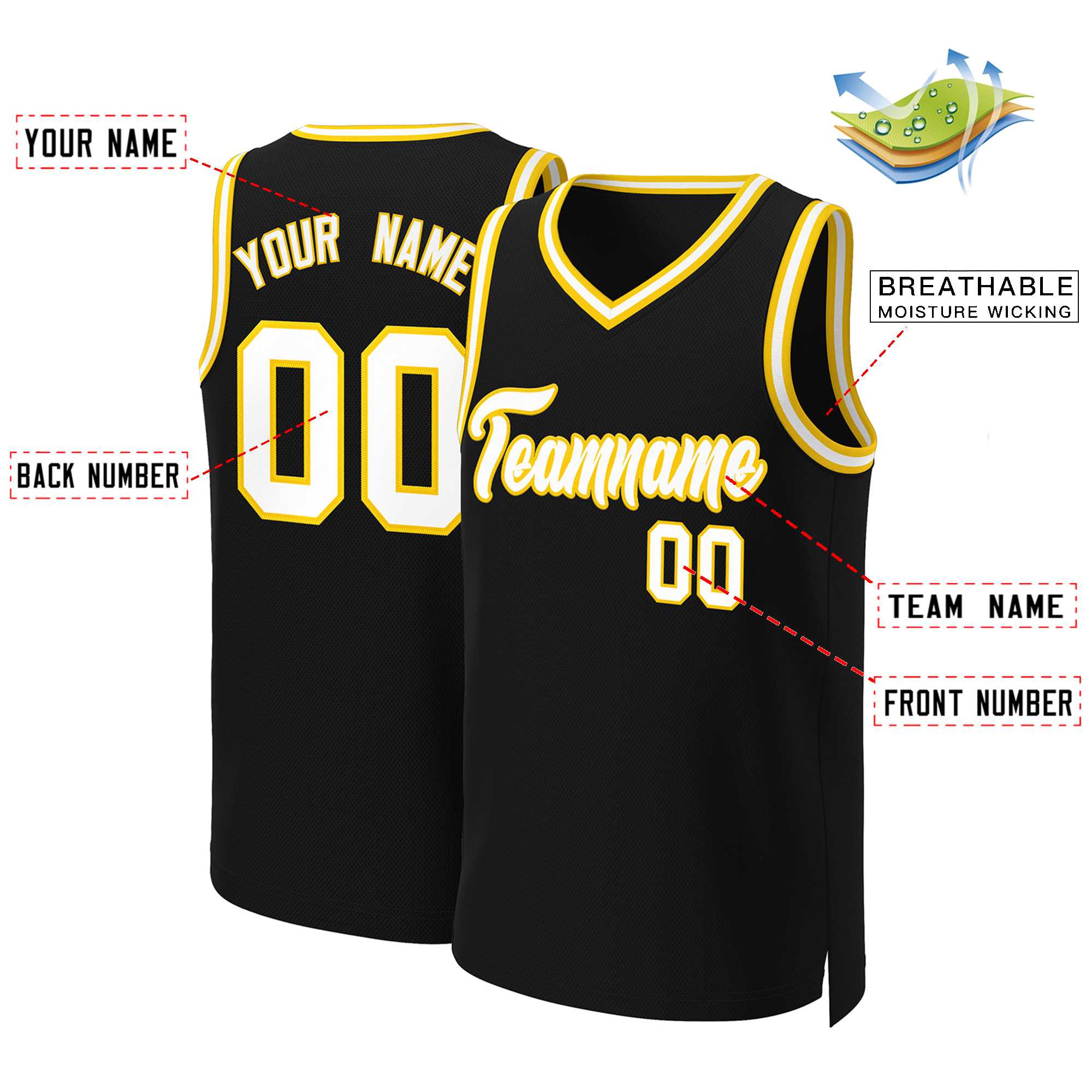 Maillot de basket-ball classique personnalisé noir blanc-jaune