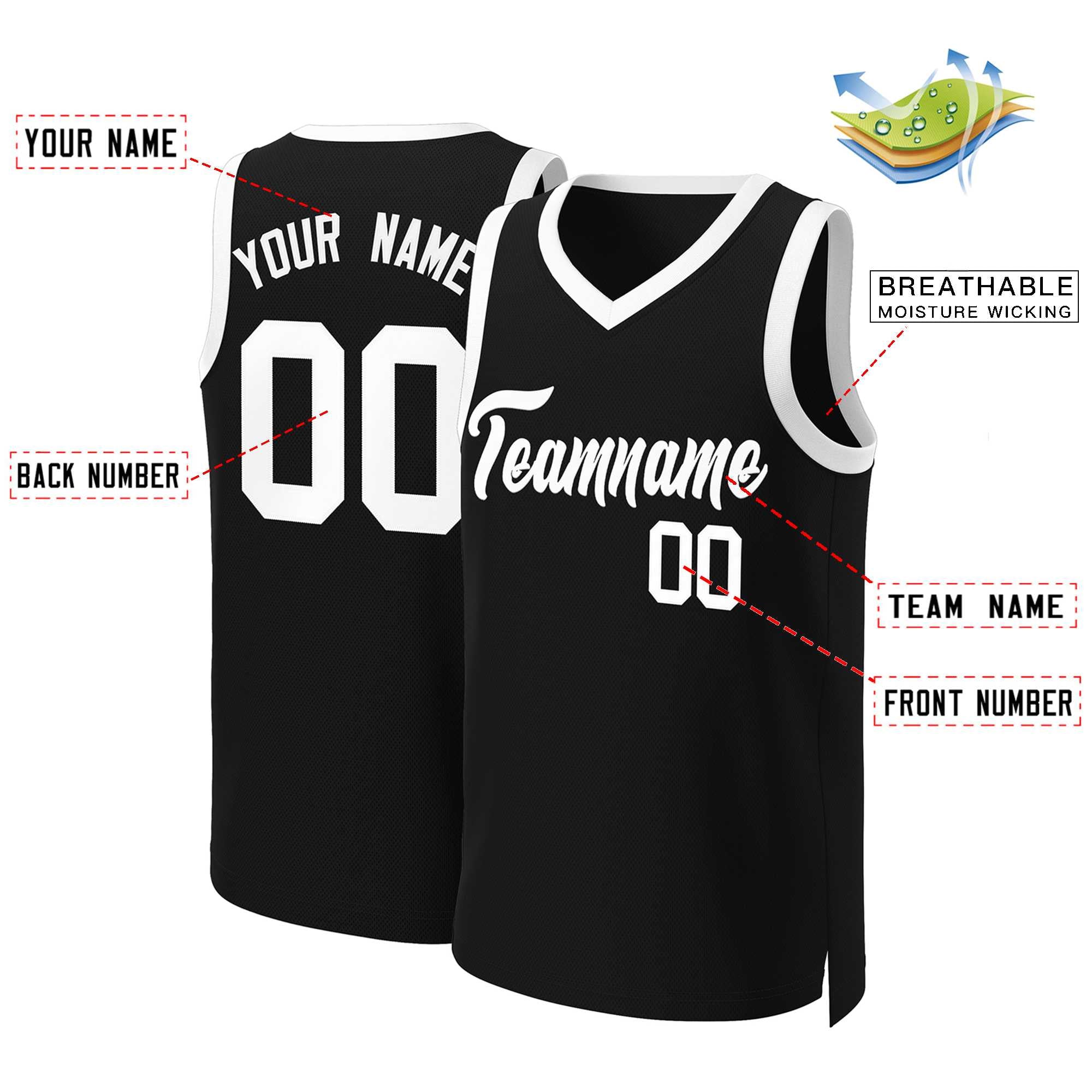 Maillot de basket-ball classique noir et blanc personnalisé