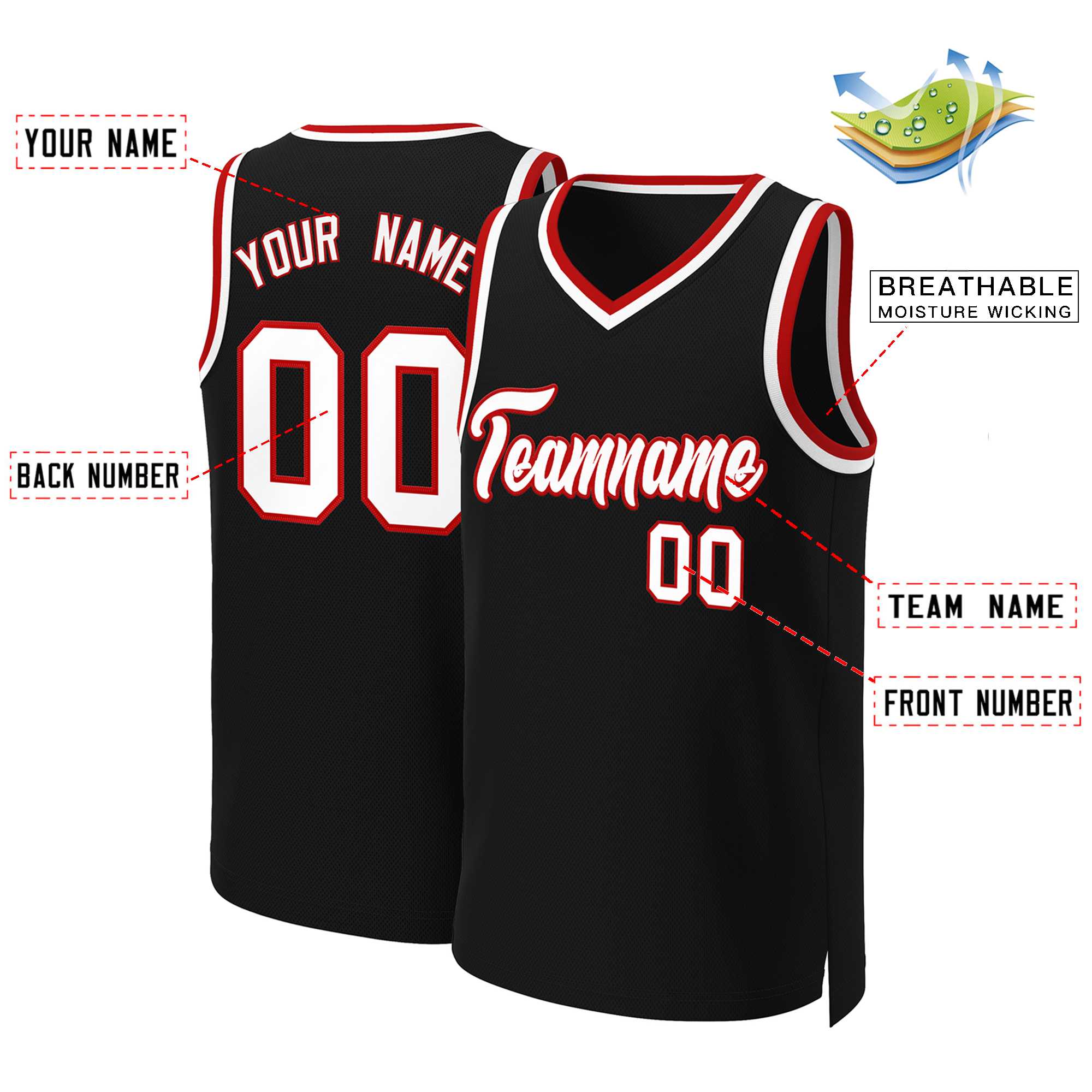 Maillot de basket-ball classique personnalisé noir blanc-rouge