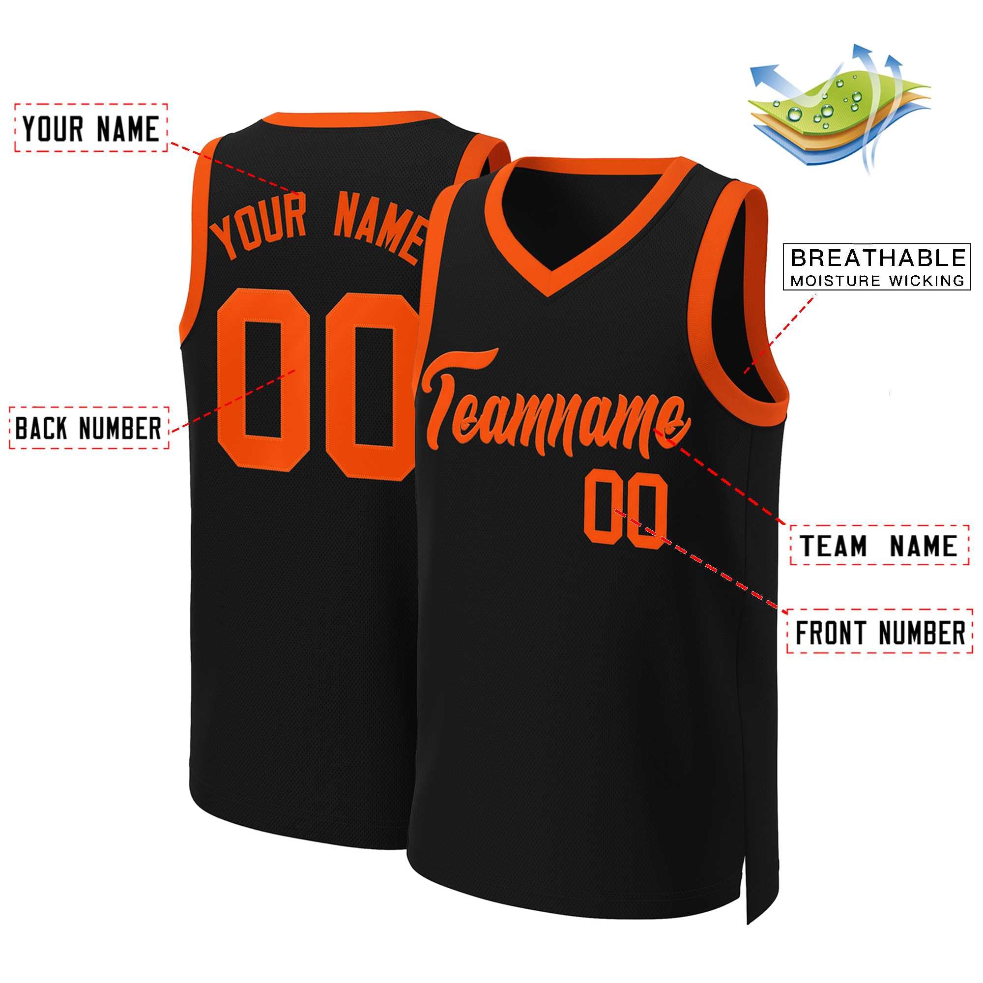 Maillot de basket-ball classique personnalisé noir Orange