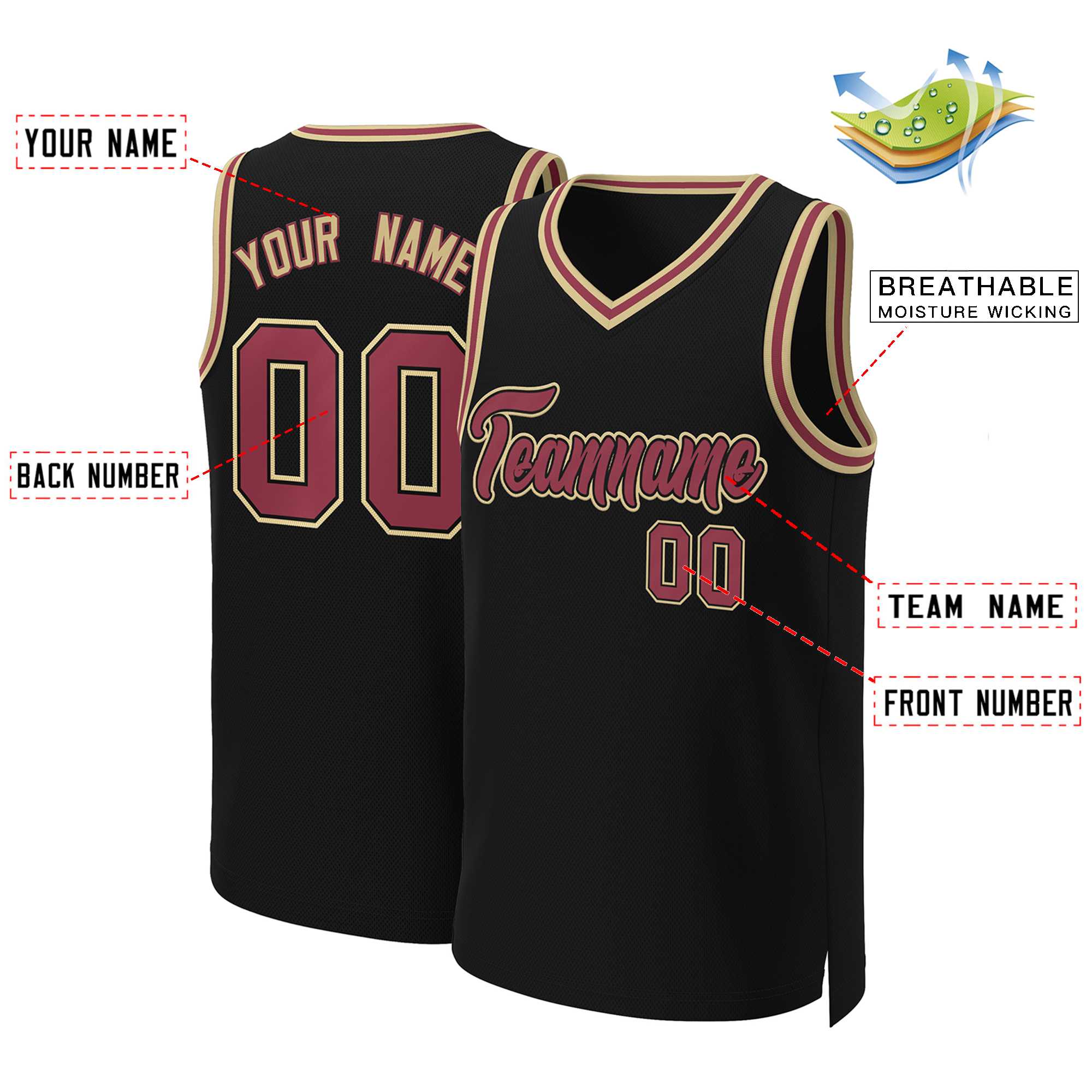 Maillot de basket-ball classique noir marron-noir personnalisé