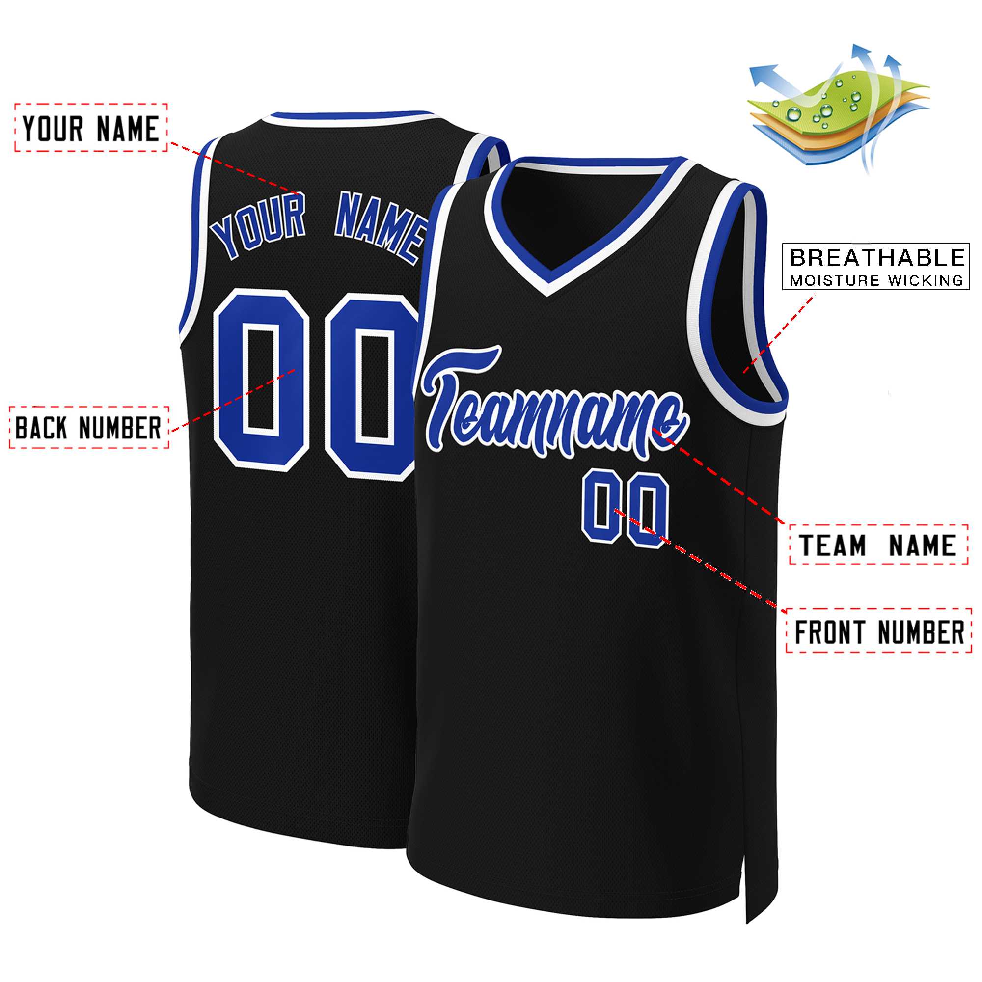 Maillot de basket-ball classique noir Royal-blanc personnalisé