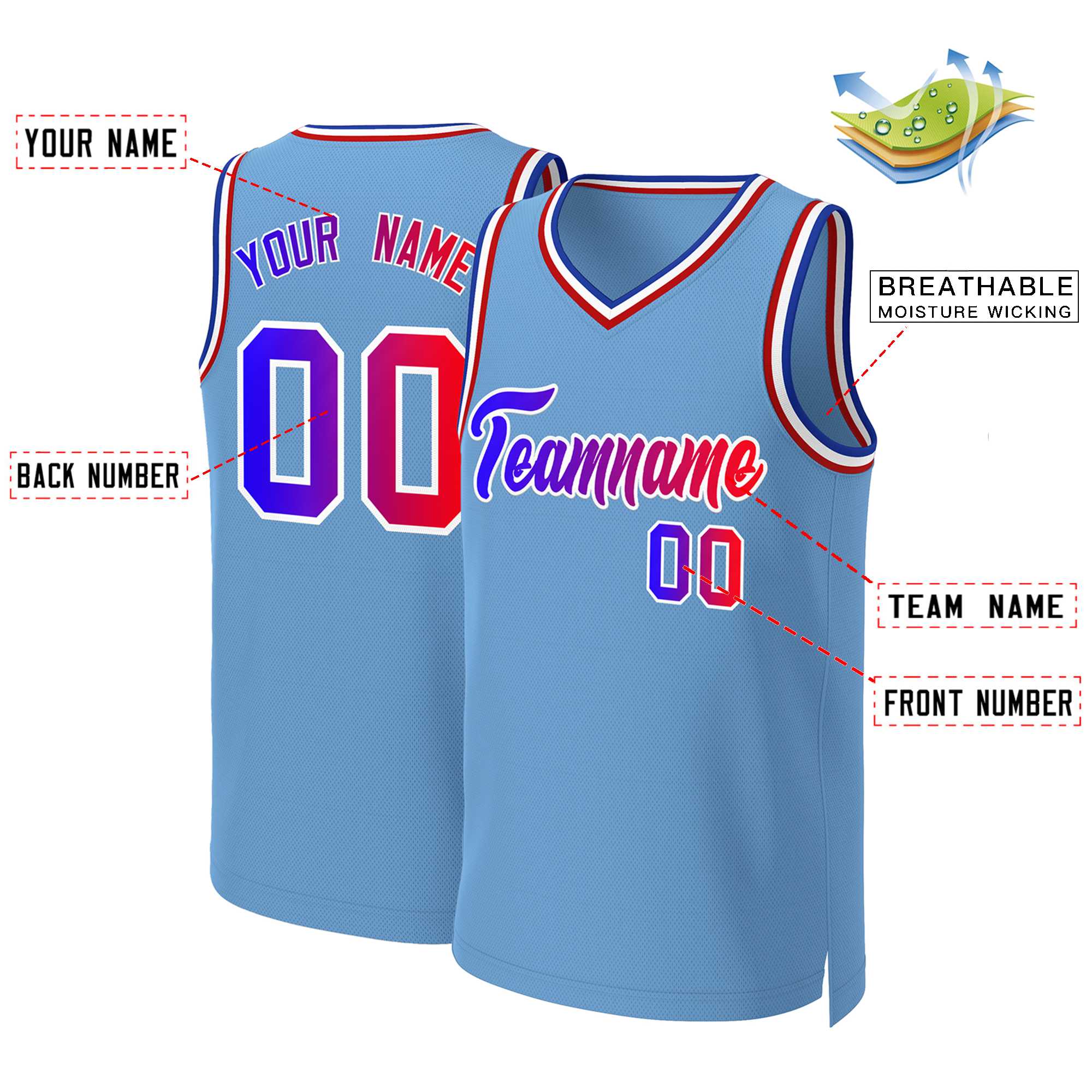 Maillot de basket-ball personnalisé, bleu clair, bleu-blanc, dégradé classique, hauts à la mode