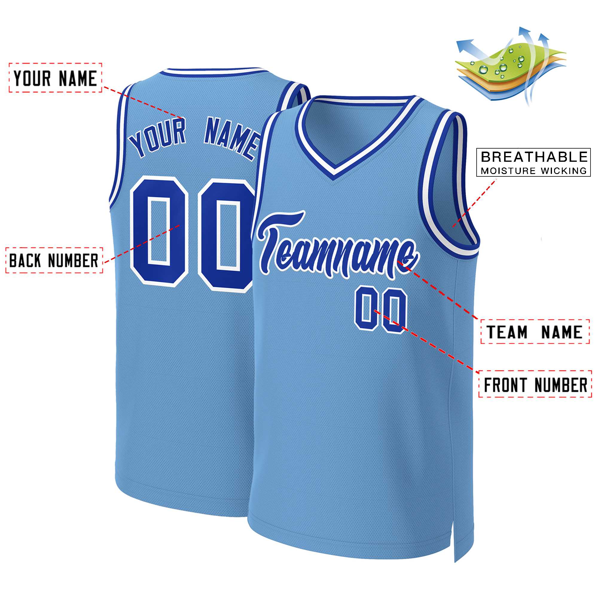 Maillot de basket-ball classique personnalisé bleu clair Royal-blanc