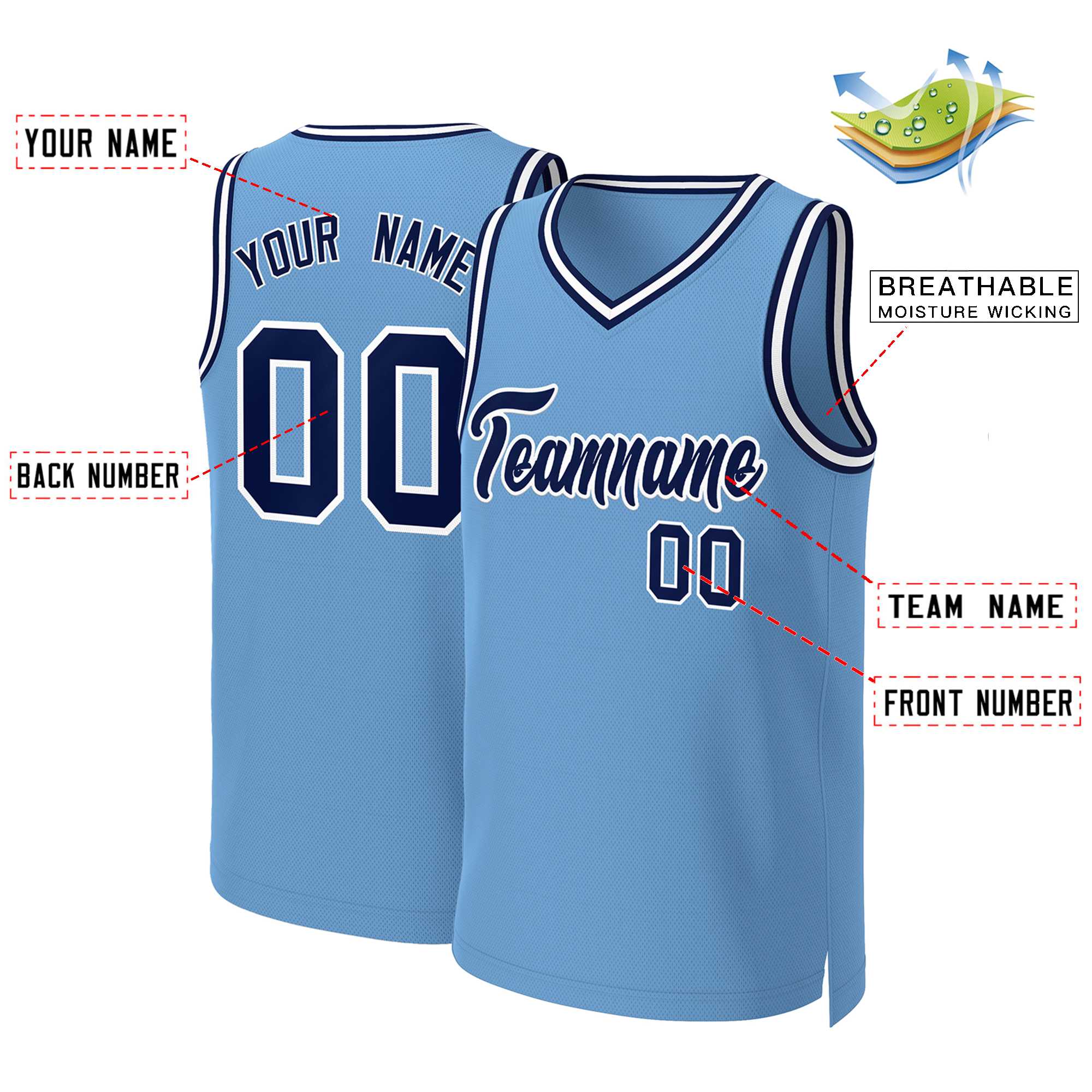 Maillot de basket-ball classique personnalisé, bleu clair, bleu marine et blanc