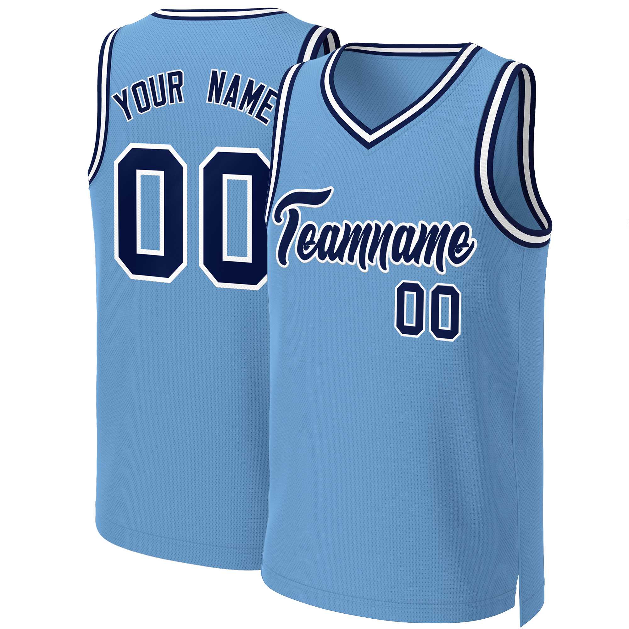 Maillot de basket-ball classique personnalisé, bleu clair, bleu marine et blanc