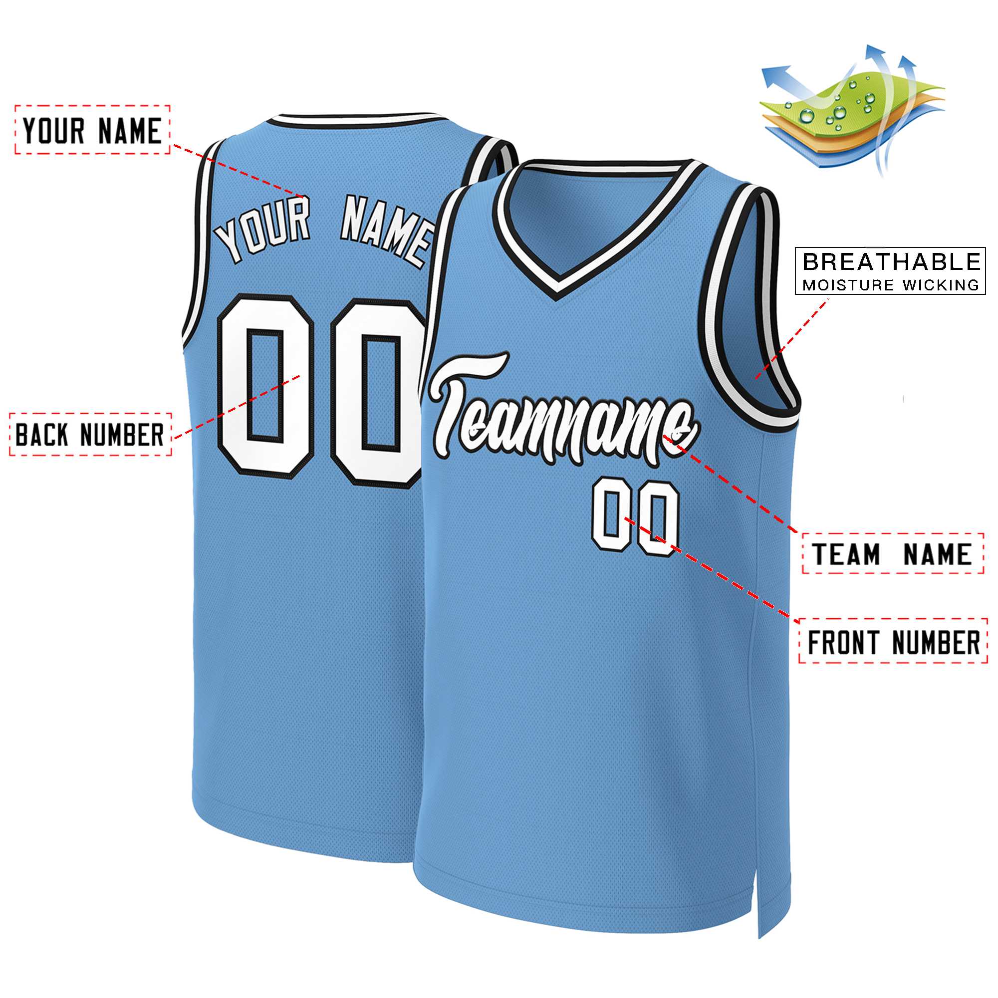 Maillot de basket-ball classique personnalisé, bleu clair, blanc et noir