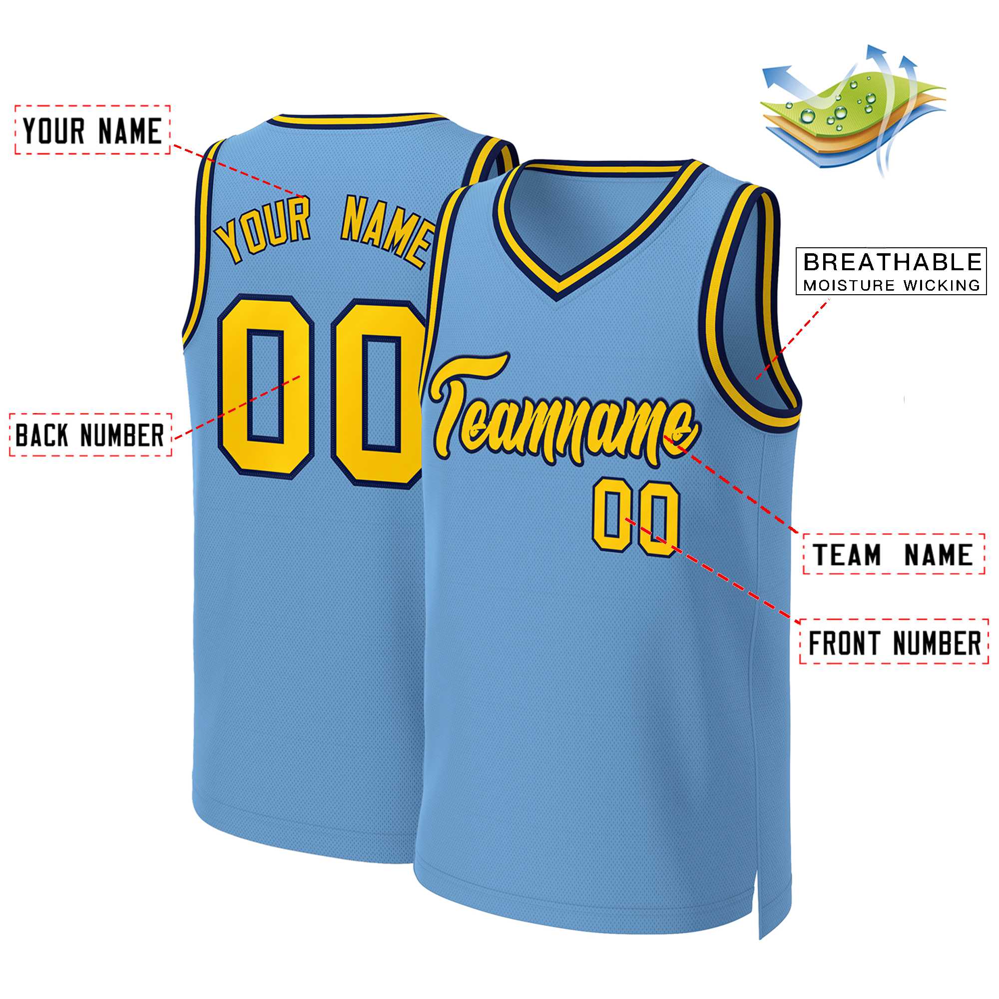 Maillot de basket-ball classique personnalisé bleu clair jaune-marine