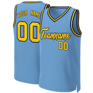 Maillot de basket-ball classique personnalisé bleu clair jaune-marine