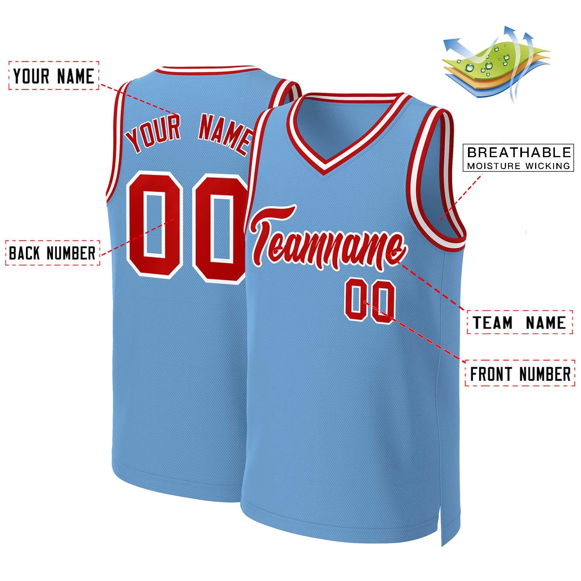 Maillot de basket-ball classique personnalisé, bleu clair, rouge et blanc