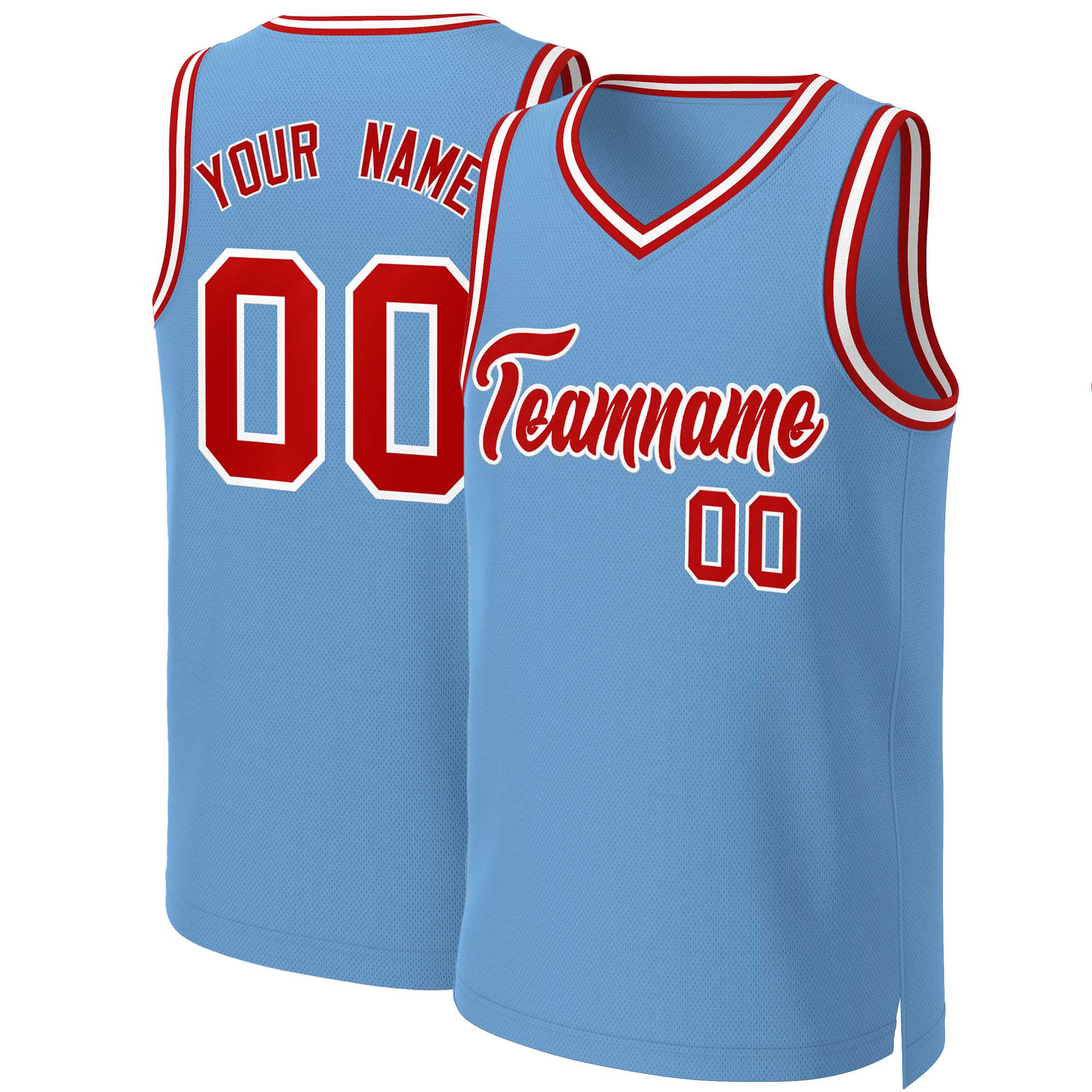 Maillot de basket-ball classique personnalisé, bleu clair, rouge et blanc