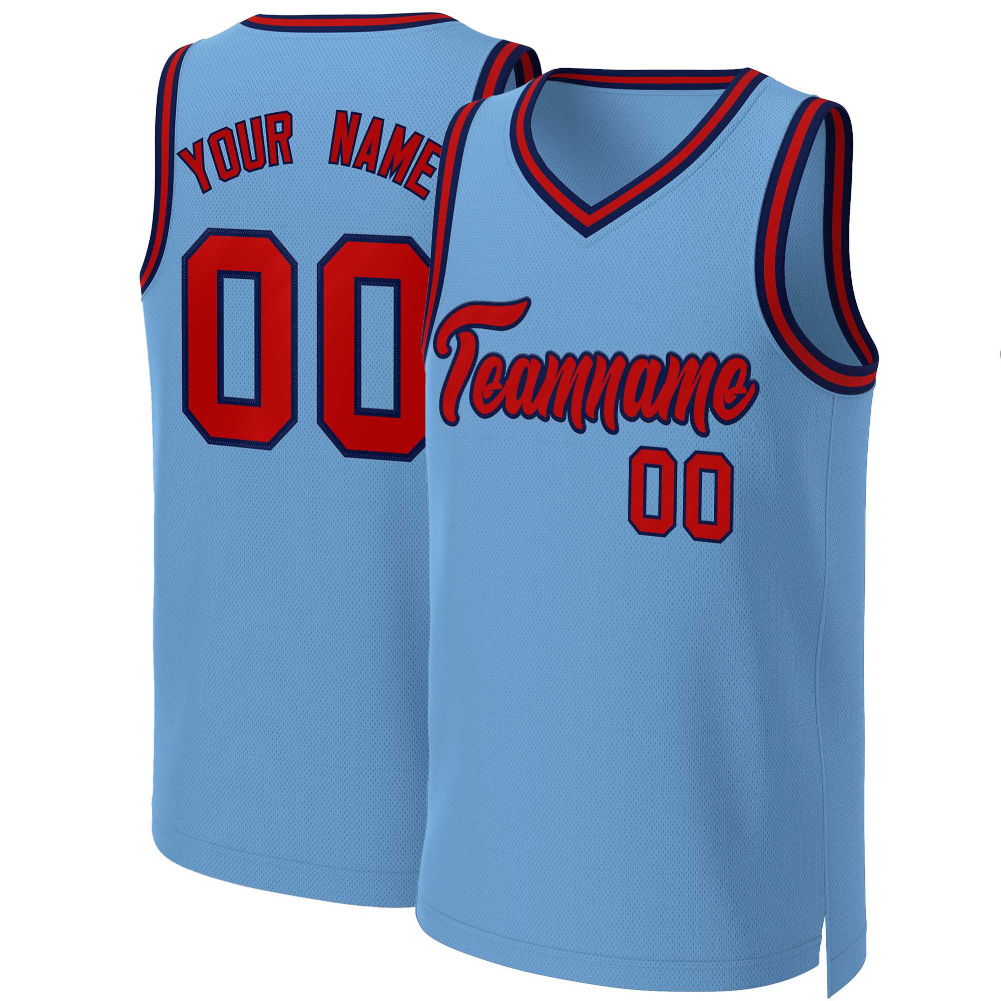 Maillot de basket-ball classique personnalisé bleu clair rouge-marine