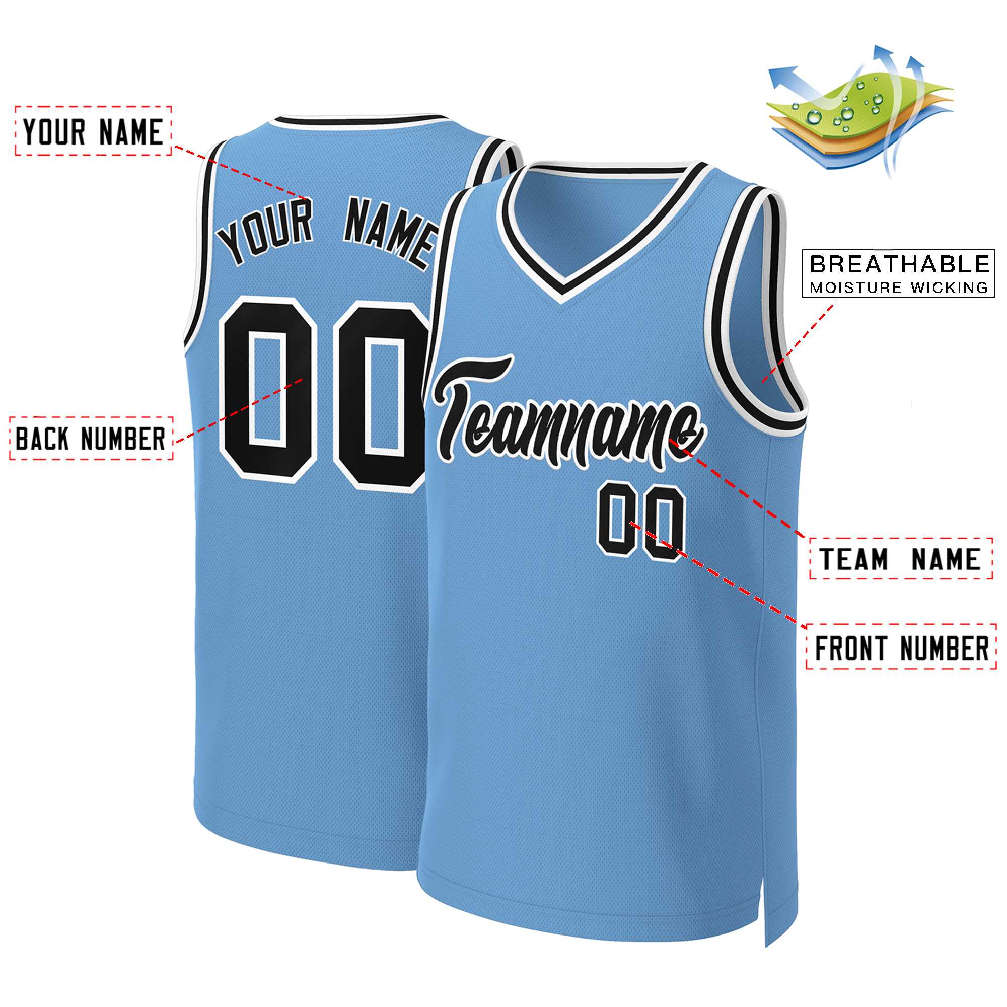 Maillot de basket-ball classique personnalisé, bleu clair, noir et blanc