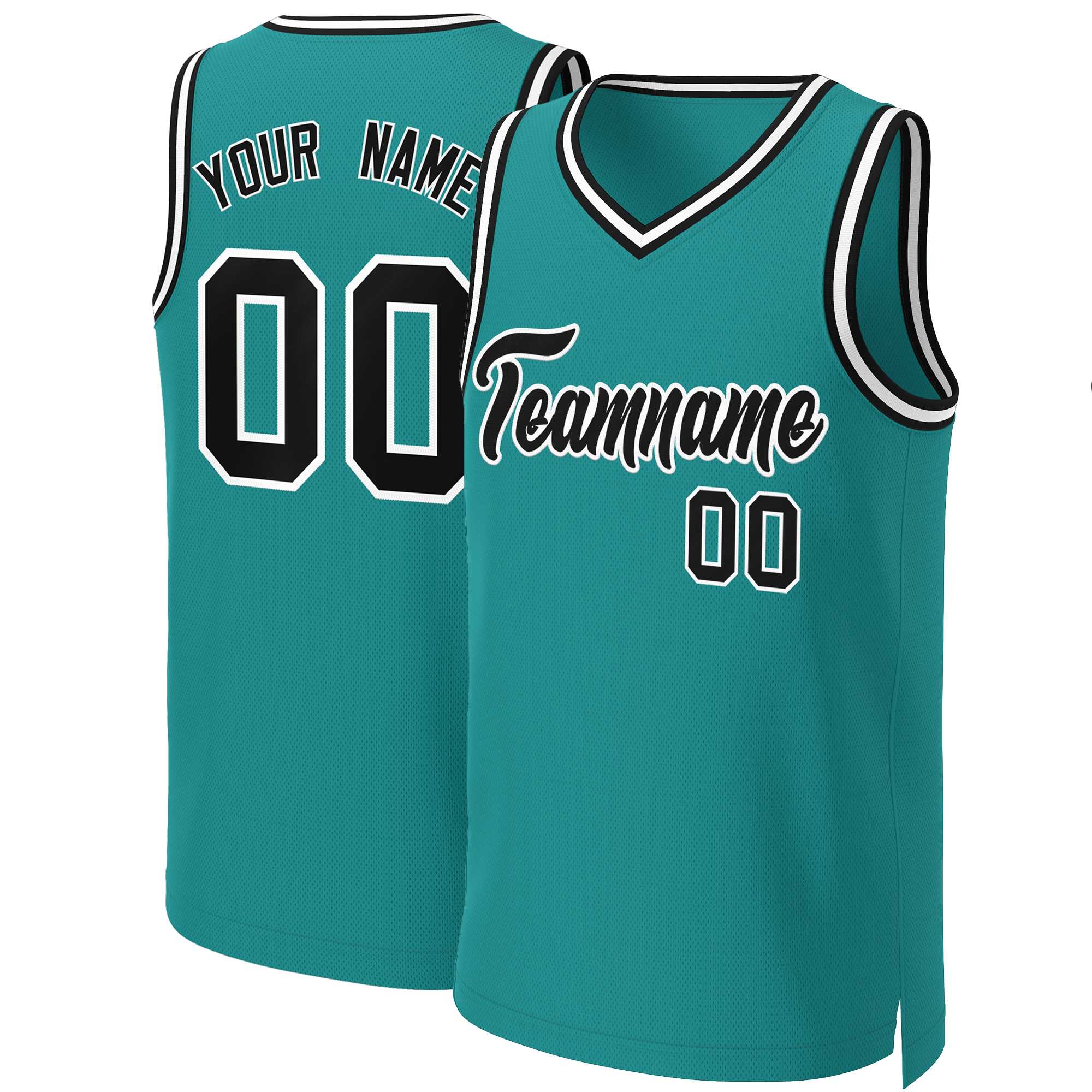 Maillot de basket-ball classique personnalisé, bleu sarcelle, noir et blanc