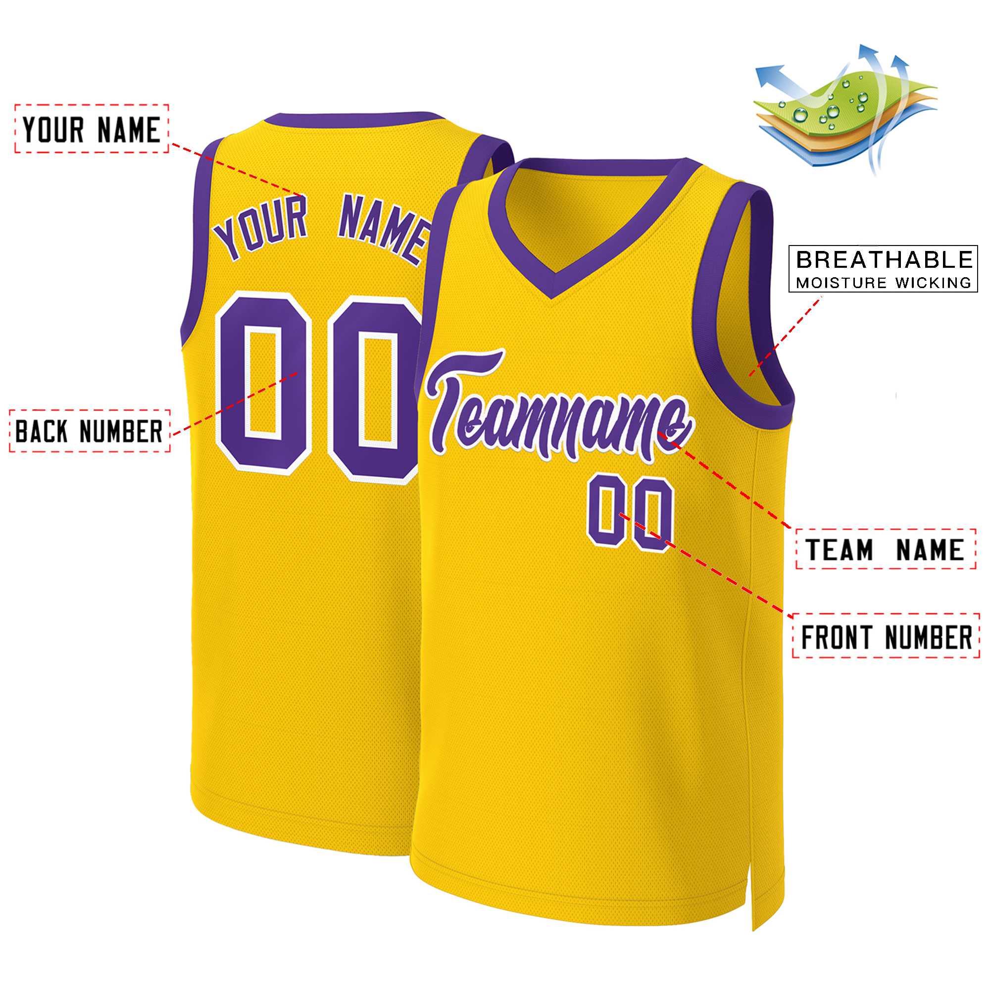 Maillot de basket-ball classique personnalisé jaune violet-blanc