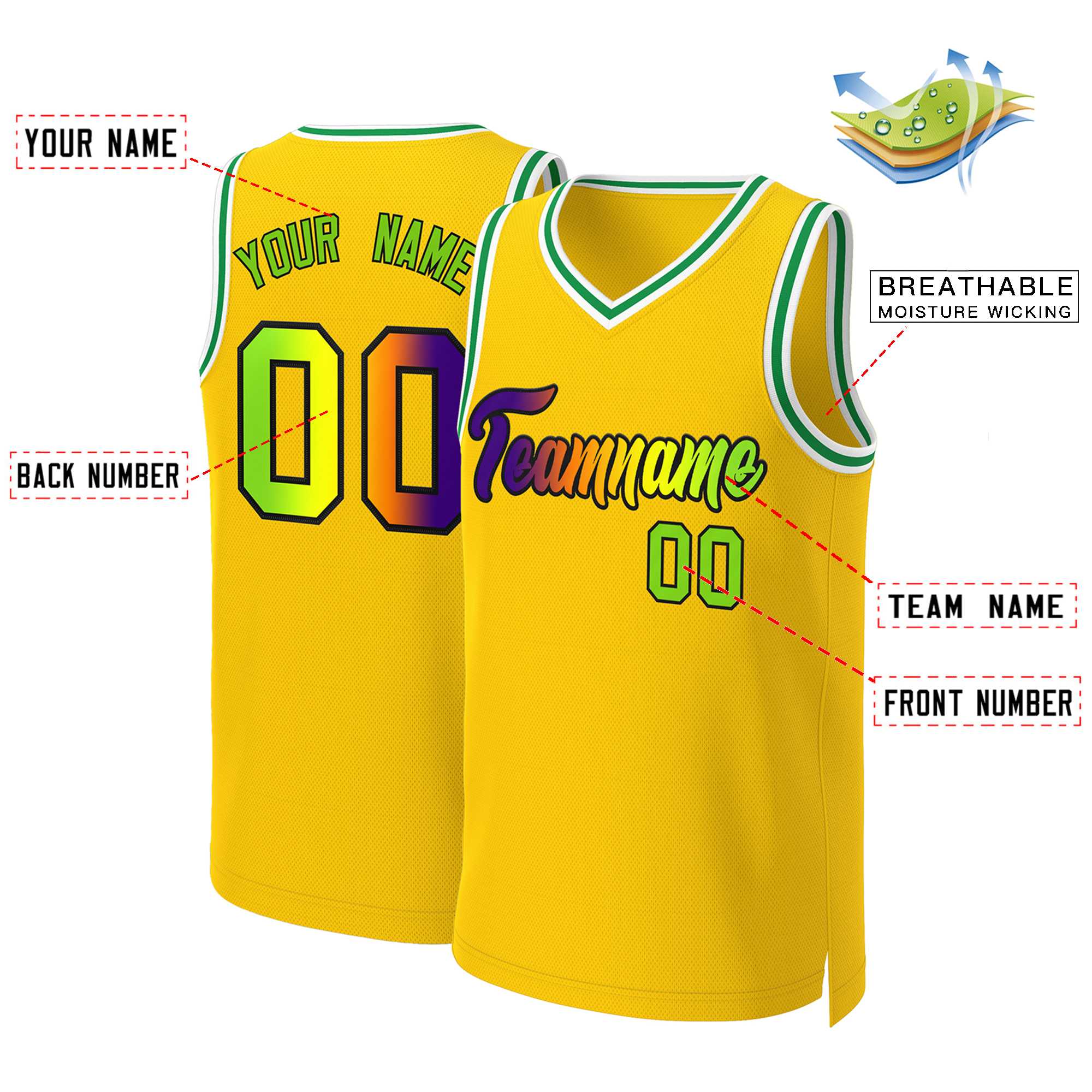 Maillot de basket-ball personnalisé, haut à la mode, dégradé classique jaune violet-noir