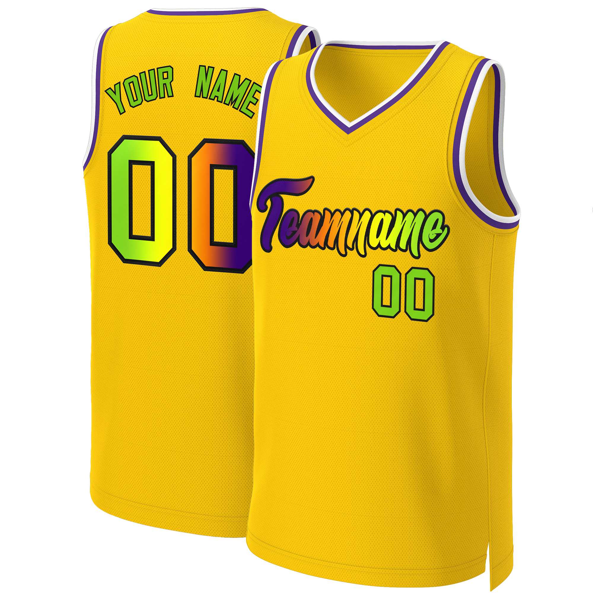 Maillot de basket-ball personnalisé, haut à la mode, dégradé classique jaune violet-noir