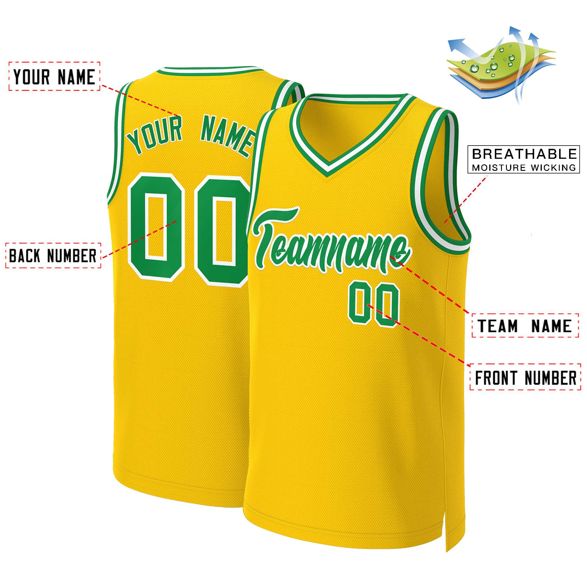 Maillot de basket-ball classique jaune Kelly vert-blanc personnalisé