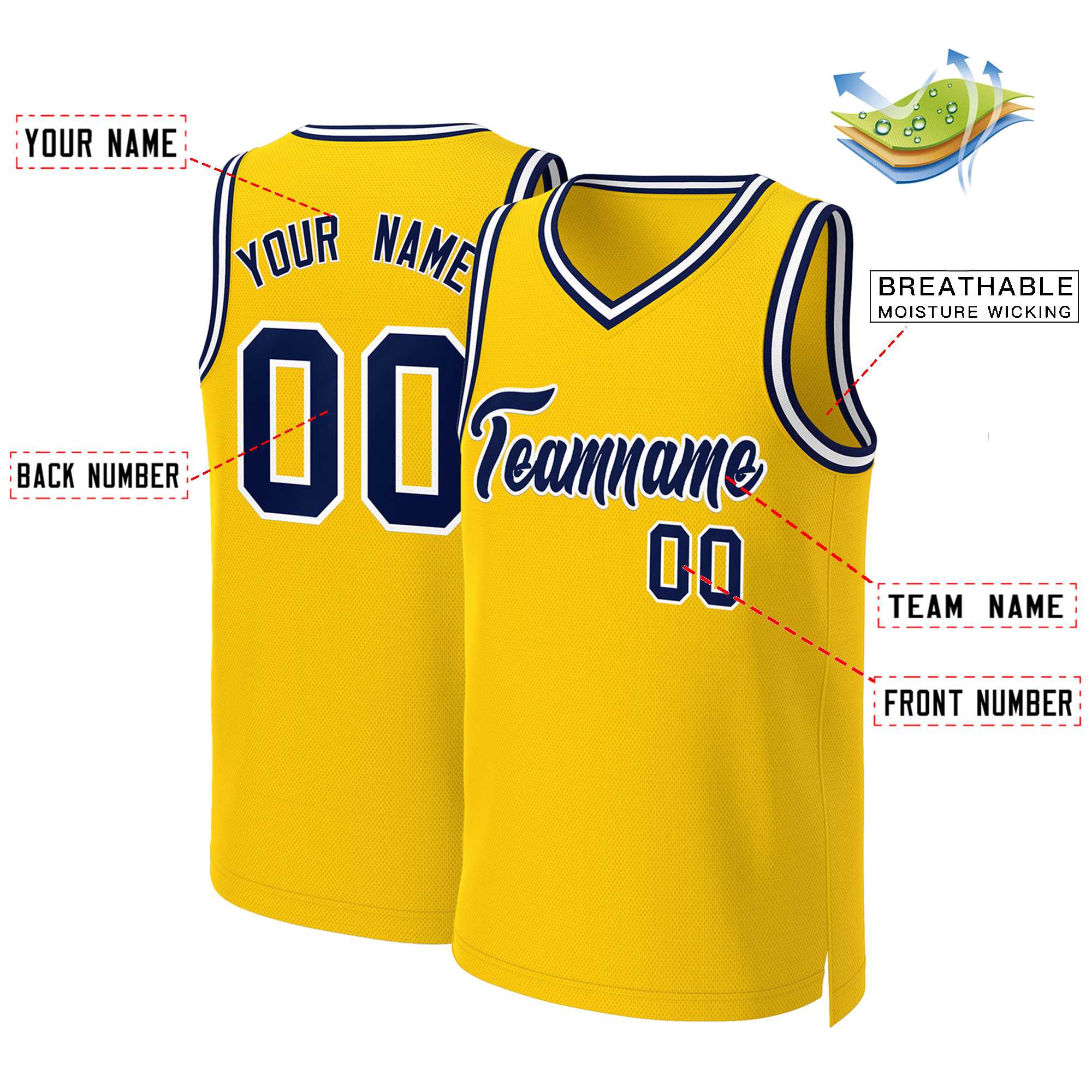 Maillot de basket-ball classique jaune marine-blanc personnalisé