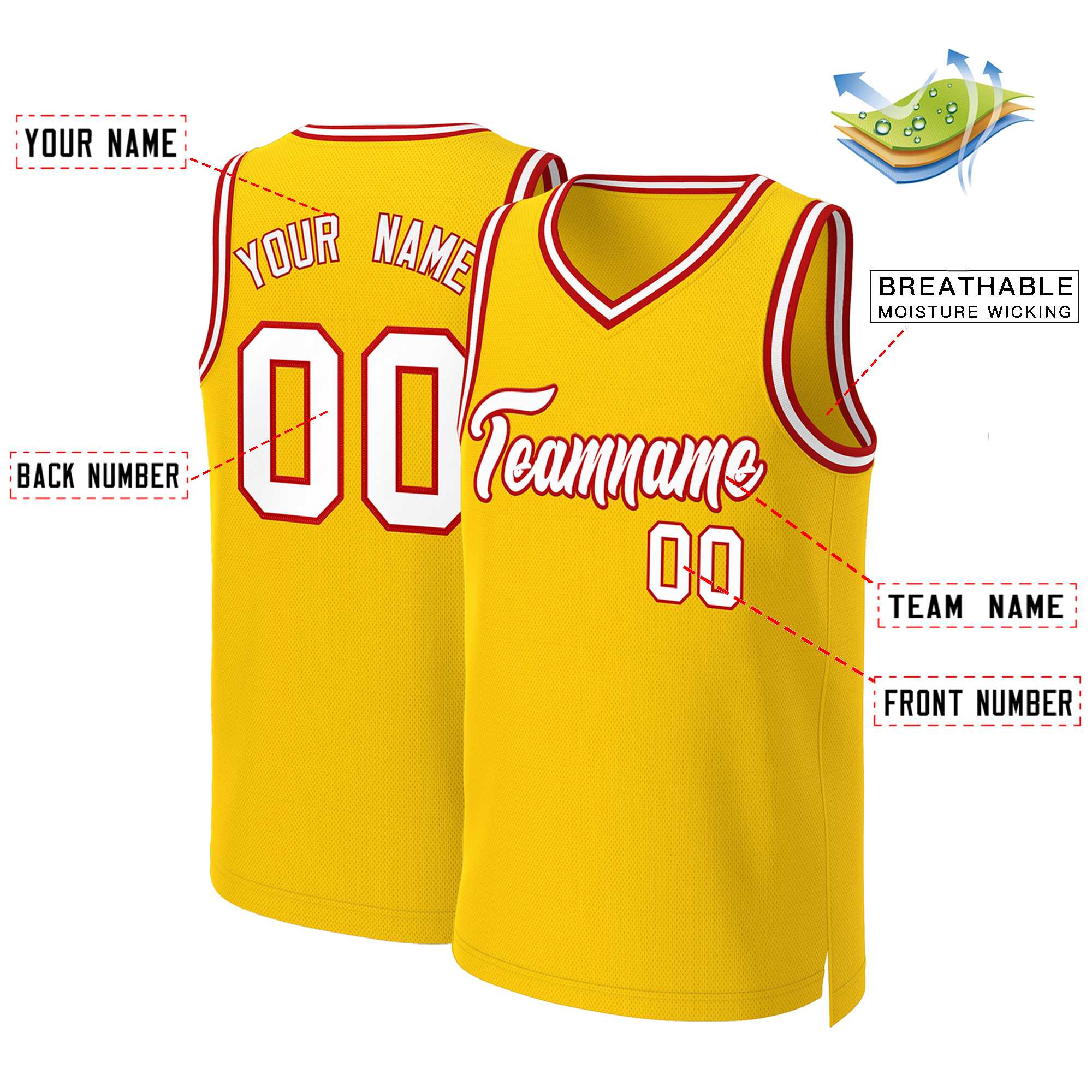 Maillot de basket-ball classique jaune blanc-rouge personnalisé