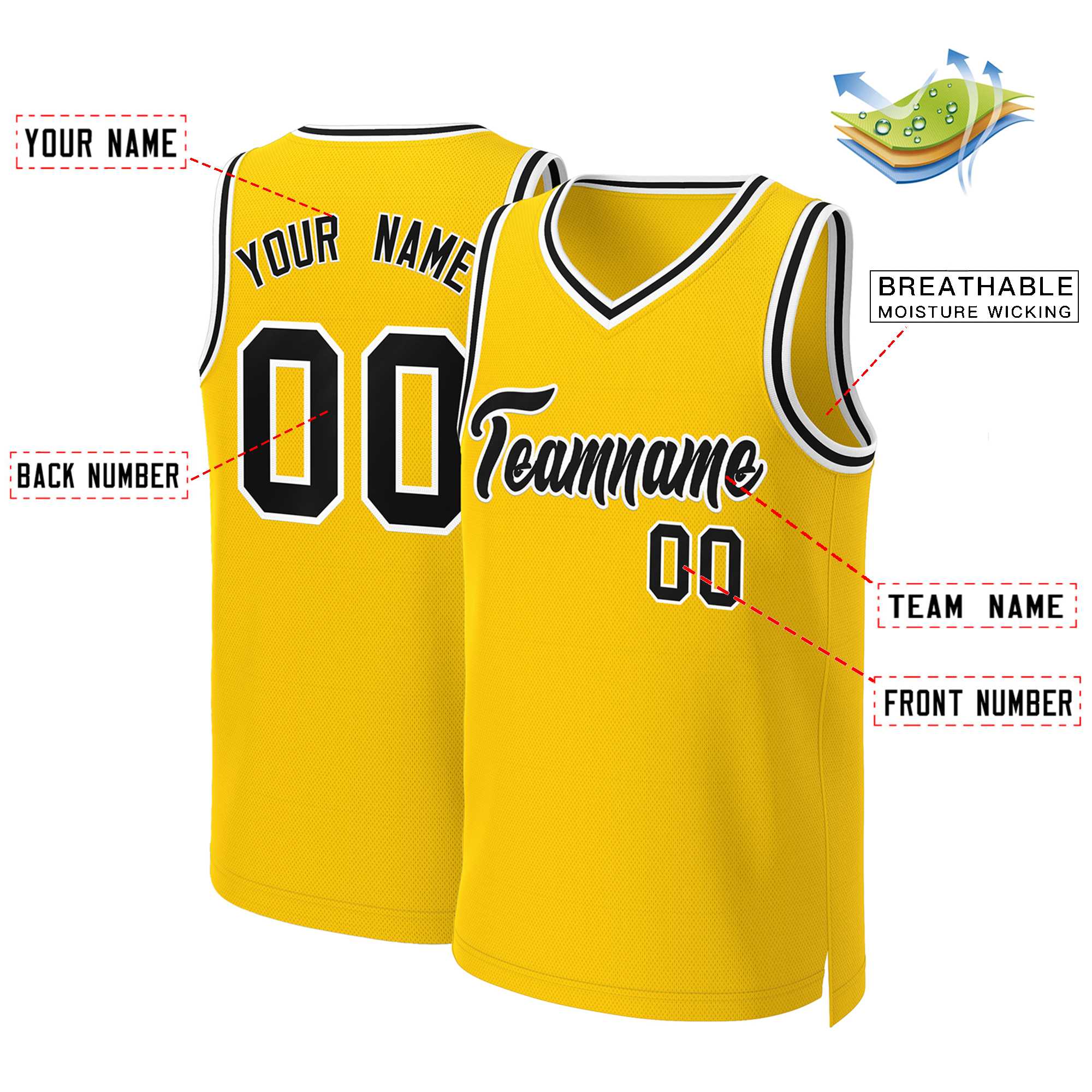 Maillot de basket-ball classique personnalisé jaune noir-blanc