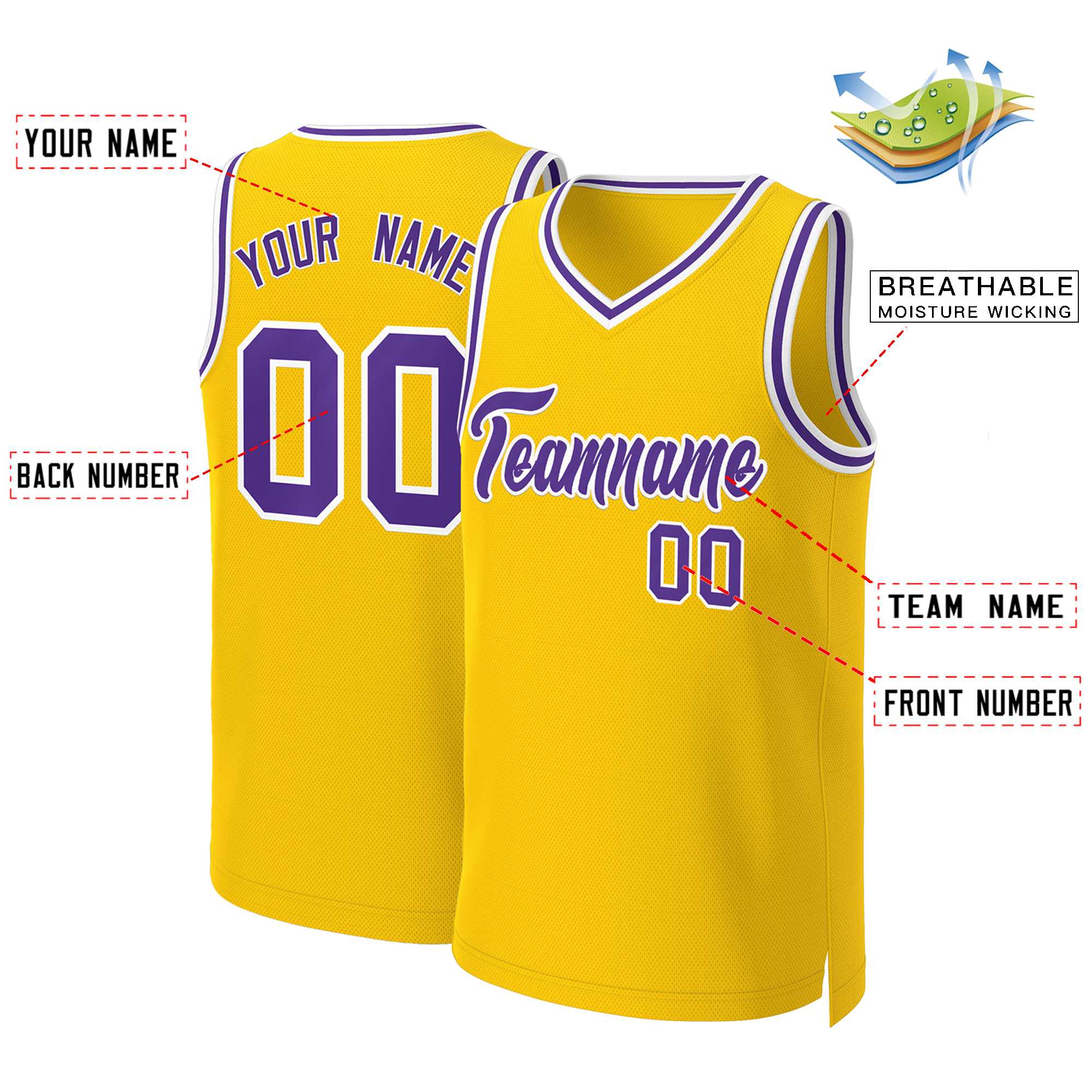 Maillot de basket-ball classique personnalisé jaune violet-blanc