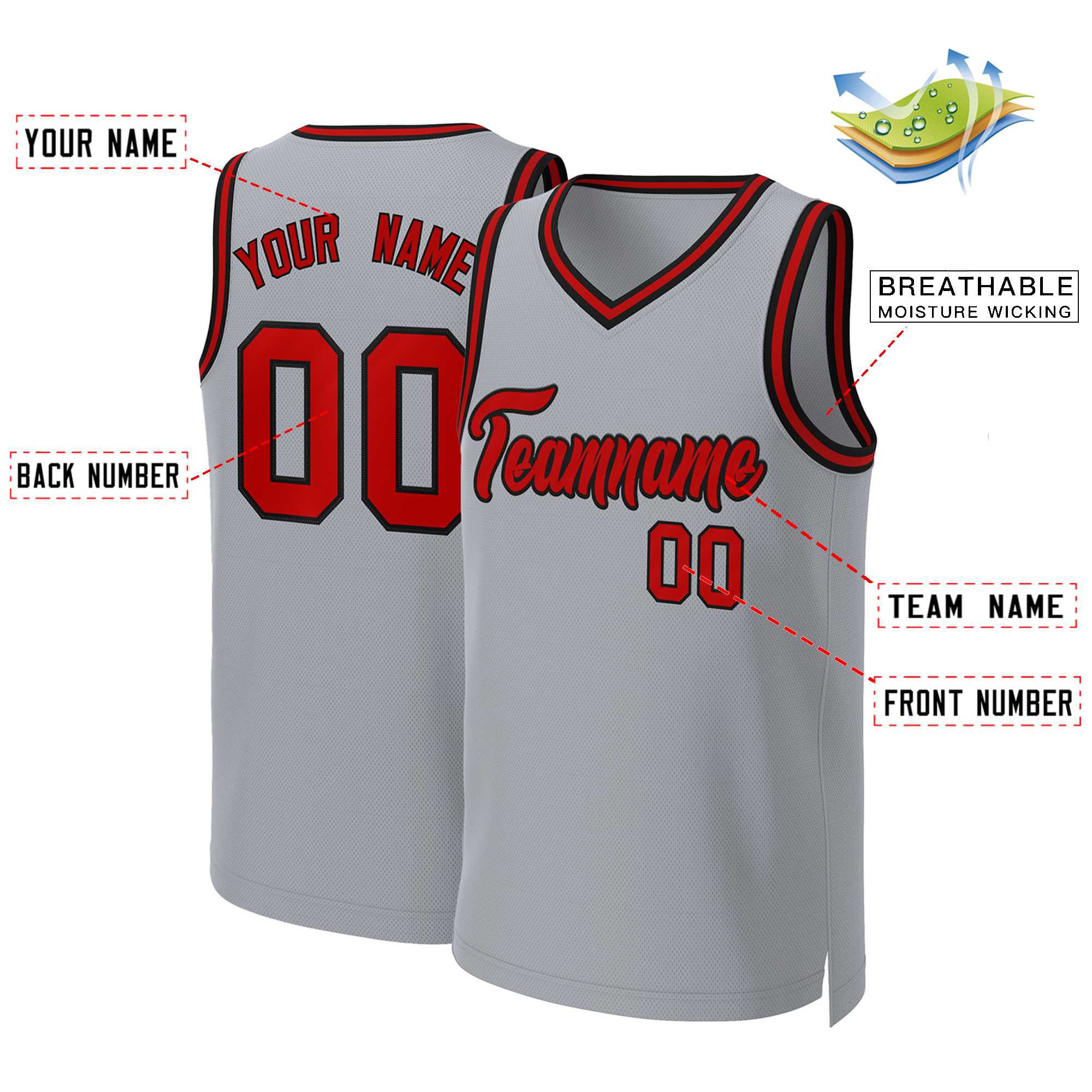 Custom Gray Red-Black Classic Tops Basketball Jersey