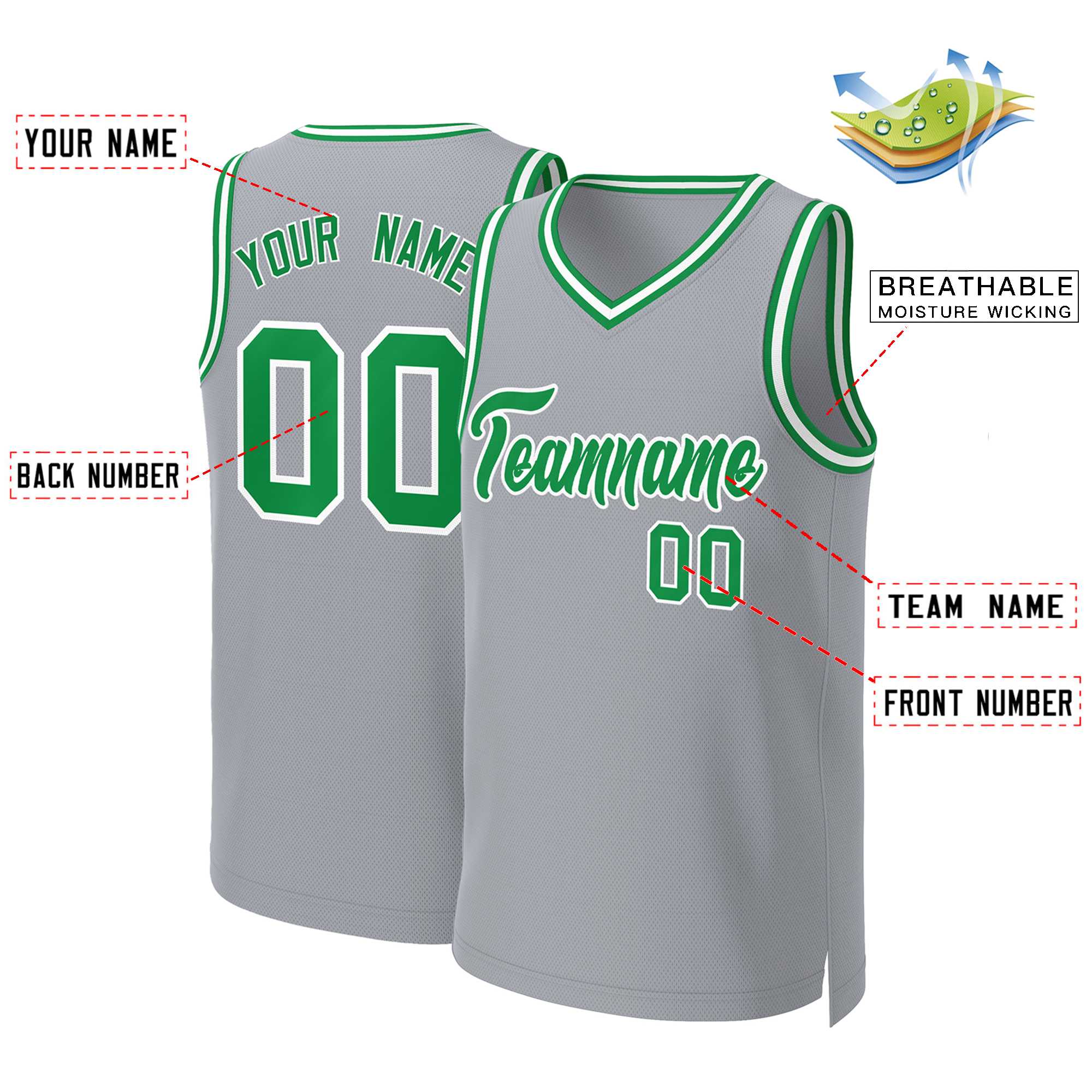 Custom Gray Kelly Green-White Classic Tops Basketball Jersey