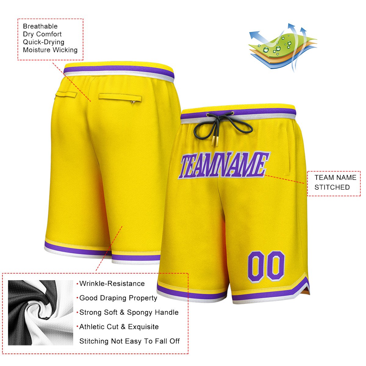 Short de basket personnalisé jaune violet-blanc personnalisé