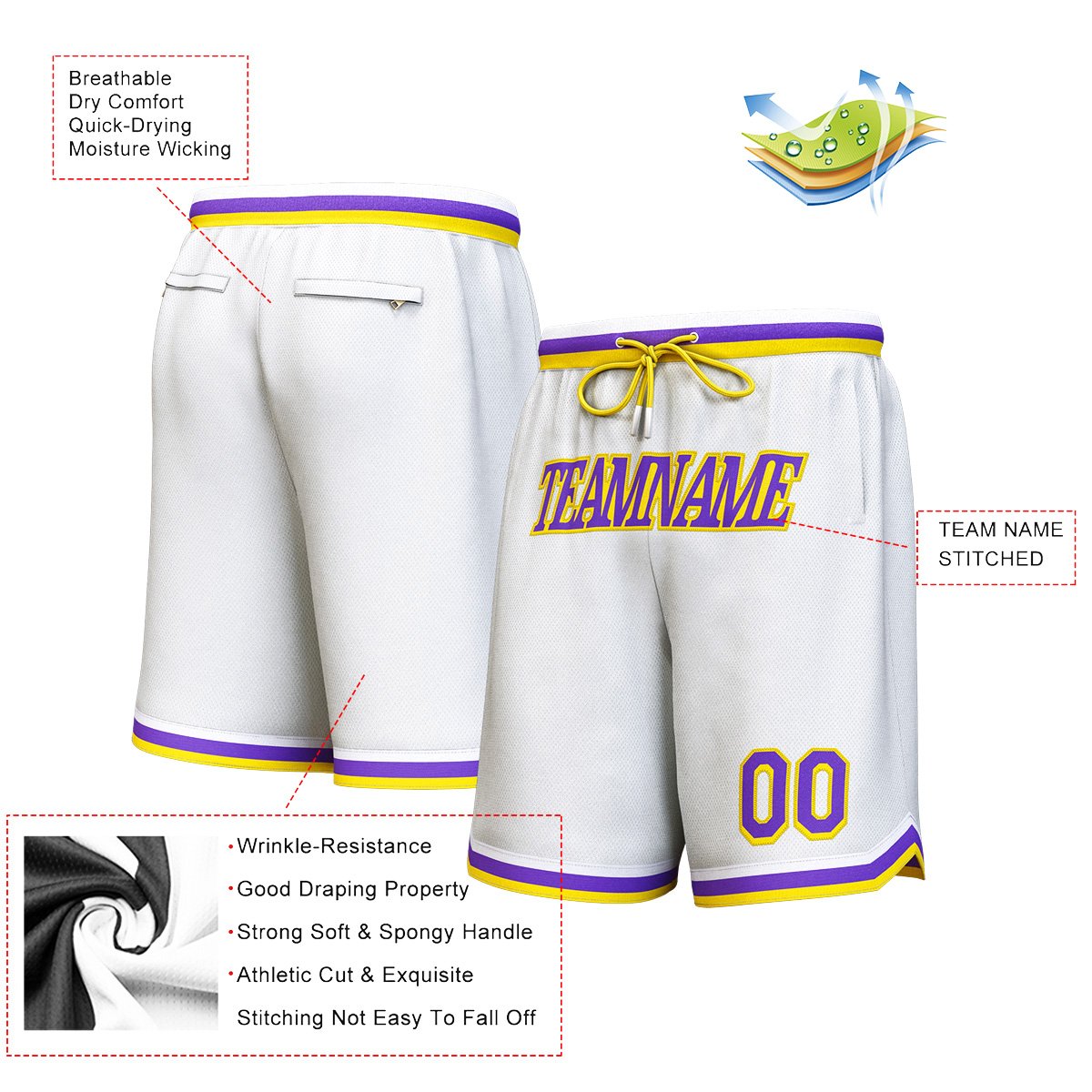 Short de basket personnalisé blanc violet-jaune personnalisé